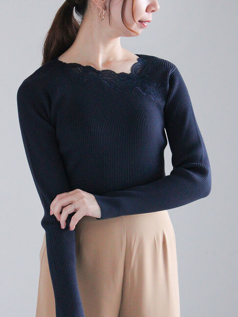 Te chichi「レースアシンメトリーネックリブニット」|ニット・セーター|ネイビー