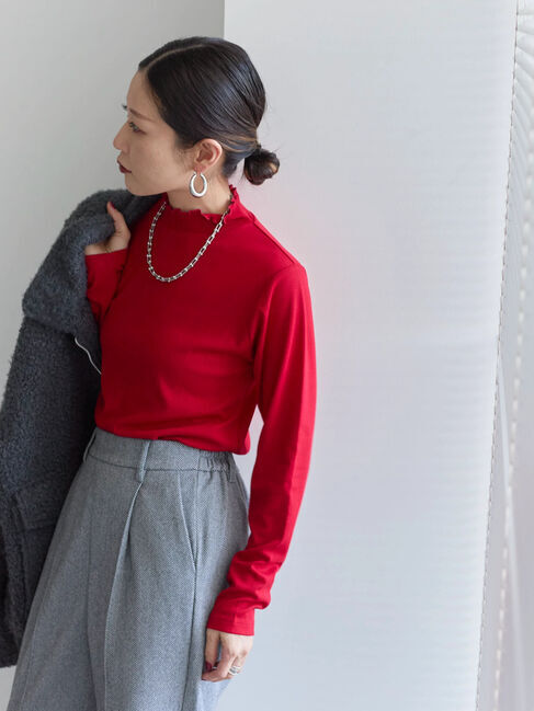 Samansa Mos2 blue「【吸湿発熱】リブフリル衿PO」|Tシャツ・カットソー|