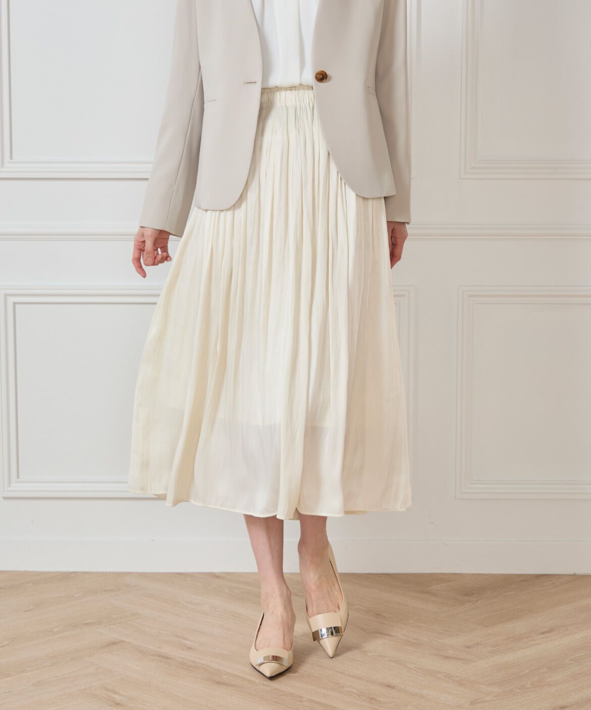 7-IDconcept.「《大きいサイズ》サテンギャザースカート」|フレア|アイボリー2