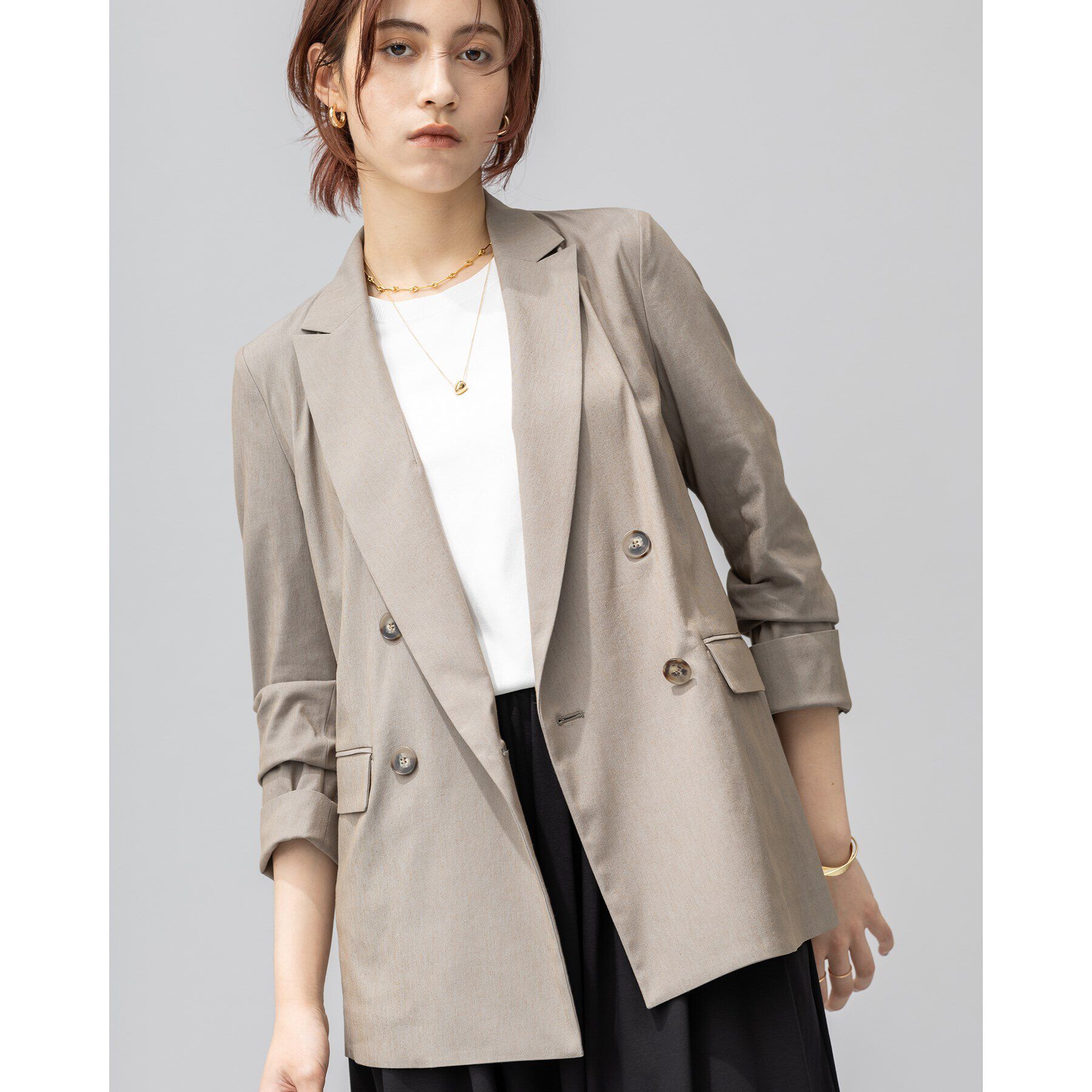 INDIVI「【洗える／UVケア／接触冷感／SETUP可能】麻混テーラードダブルジャケット」|スーツ|ベージュ(452)