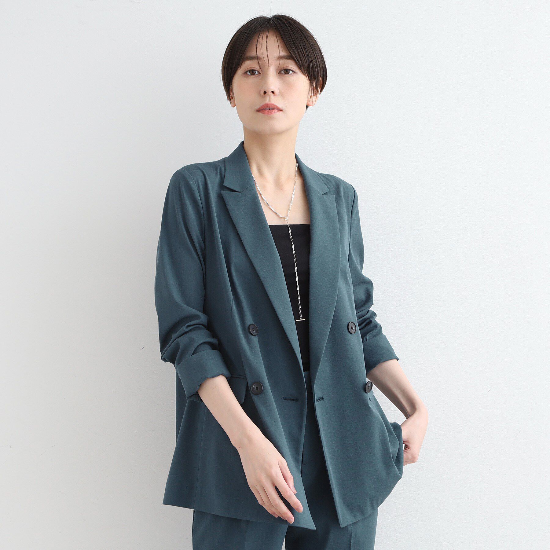 INDIVI「【洗える／UVケア／接触冷感／SETUP可能】麻混テーラードダブルジャケット」|スーツ|ブルー(491)