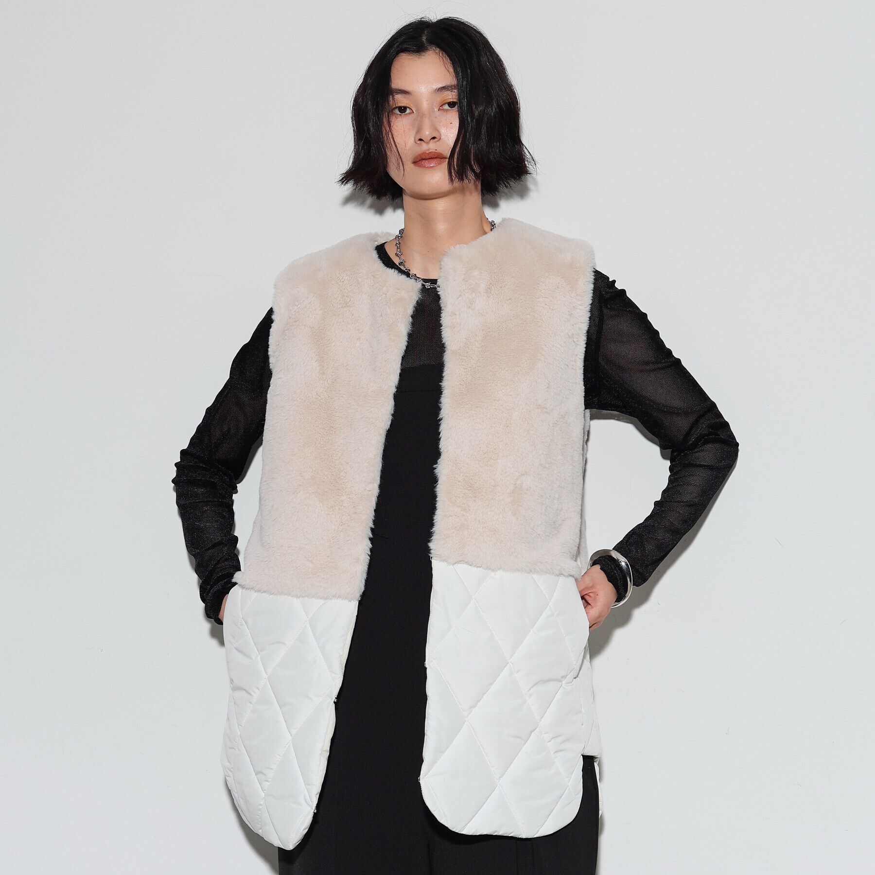 GALLEST「キルティングフェイクファードッキングジレ」|ダウン|