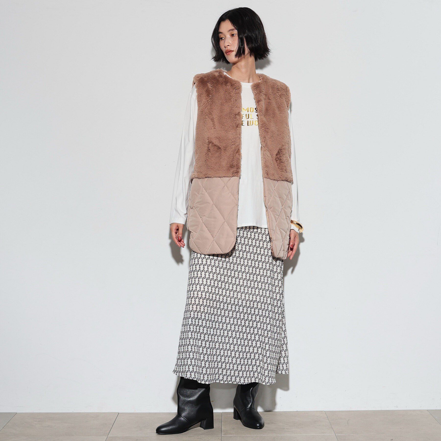 GALLEST「キルティングフェイクファードッキングジレ」|ダウン|