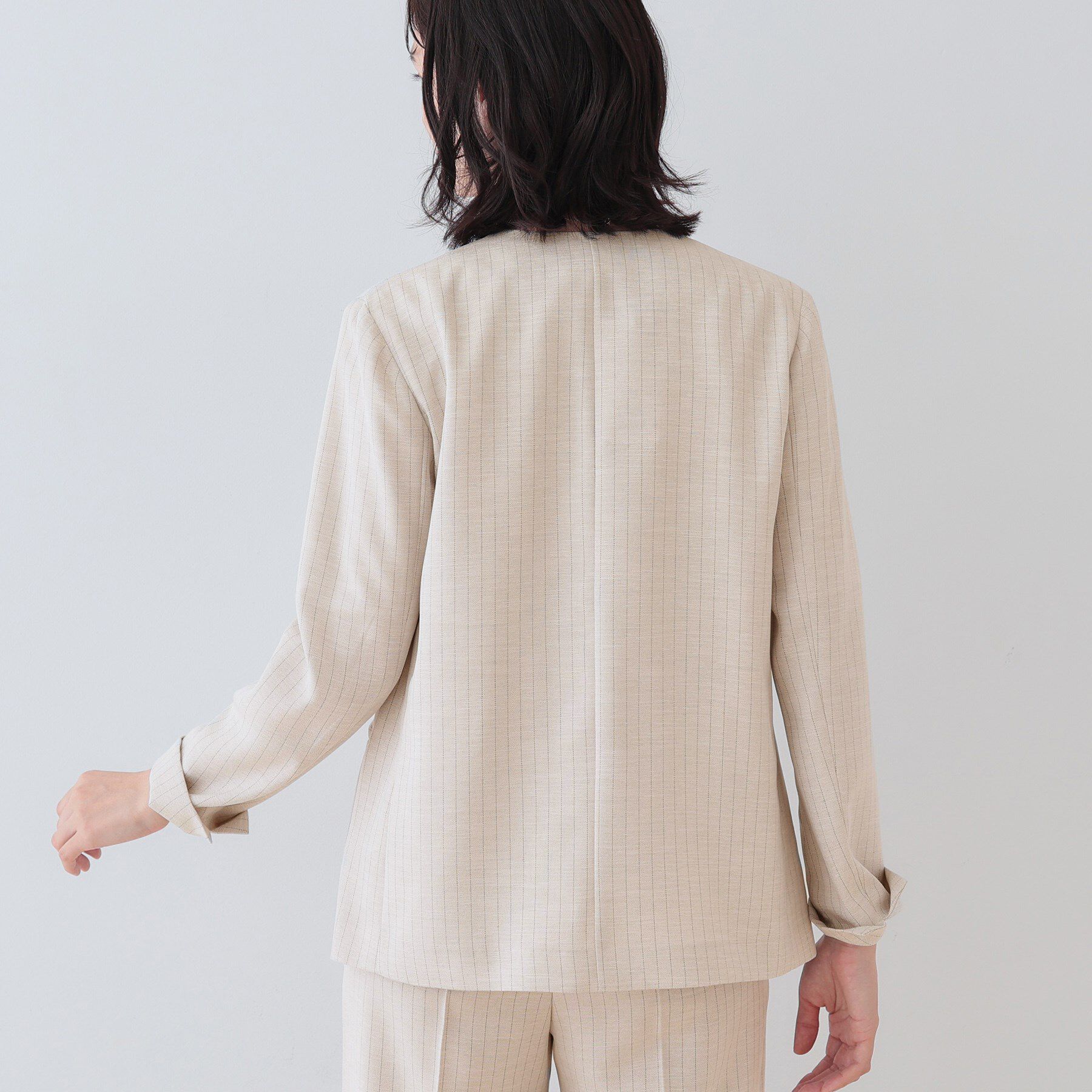 INDIVI「【こなれSETUP／ストライプ柄】リネンライクノーカラージャケット」|ノーカラージャケット|