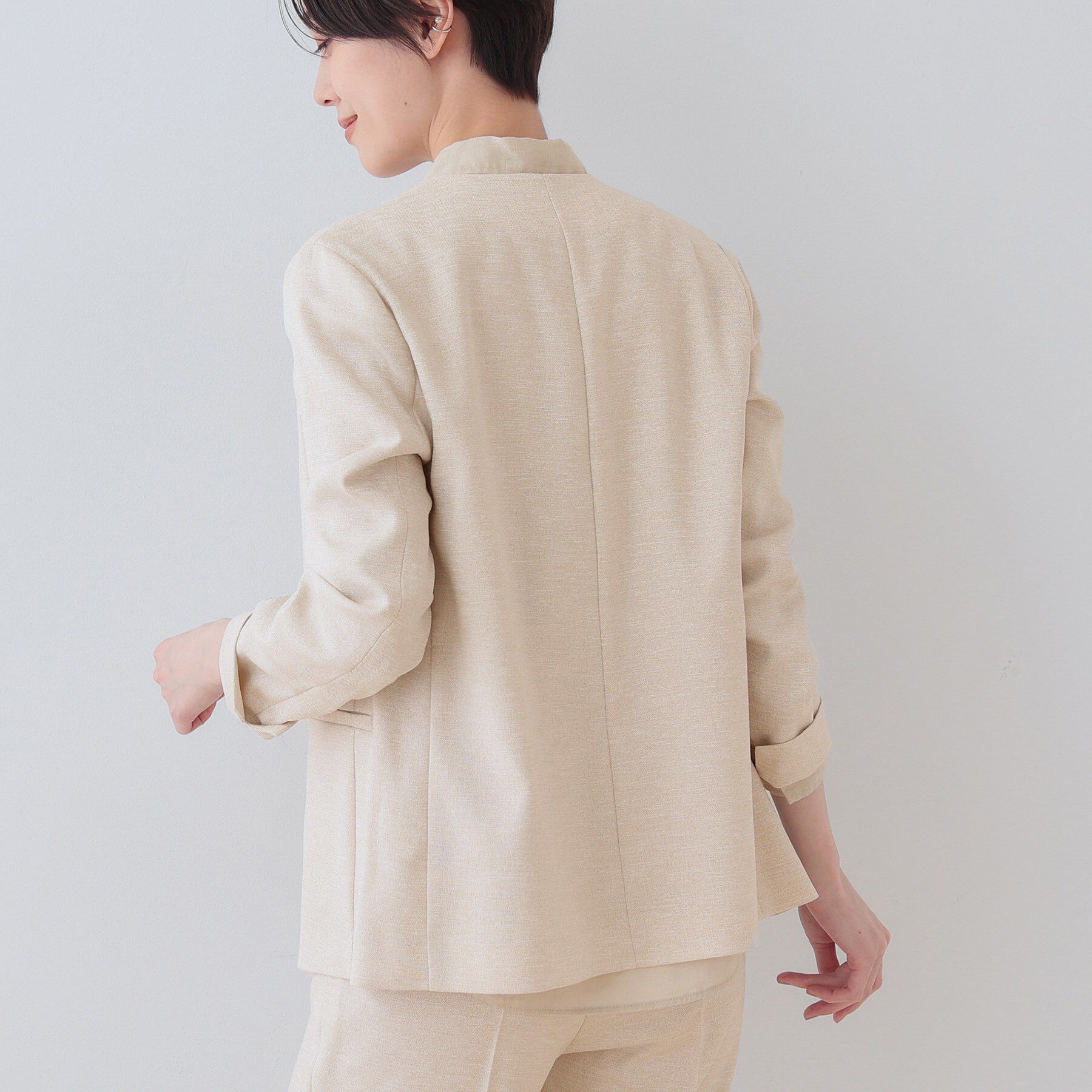 INDIVI「【こなれSETUP／ストライプ柄】リネンライクノーカラージャケット」|ノーカラージャケット|