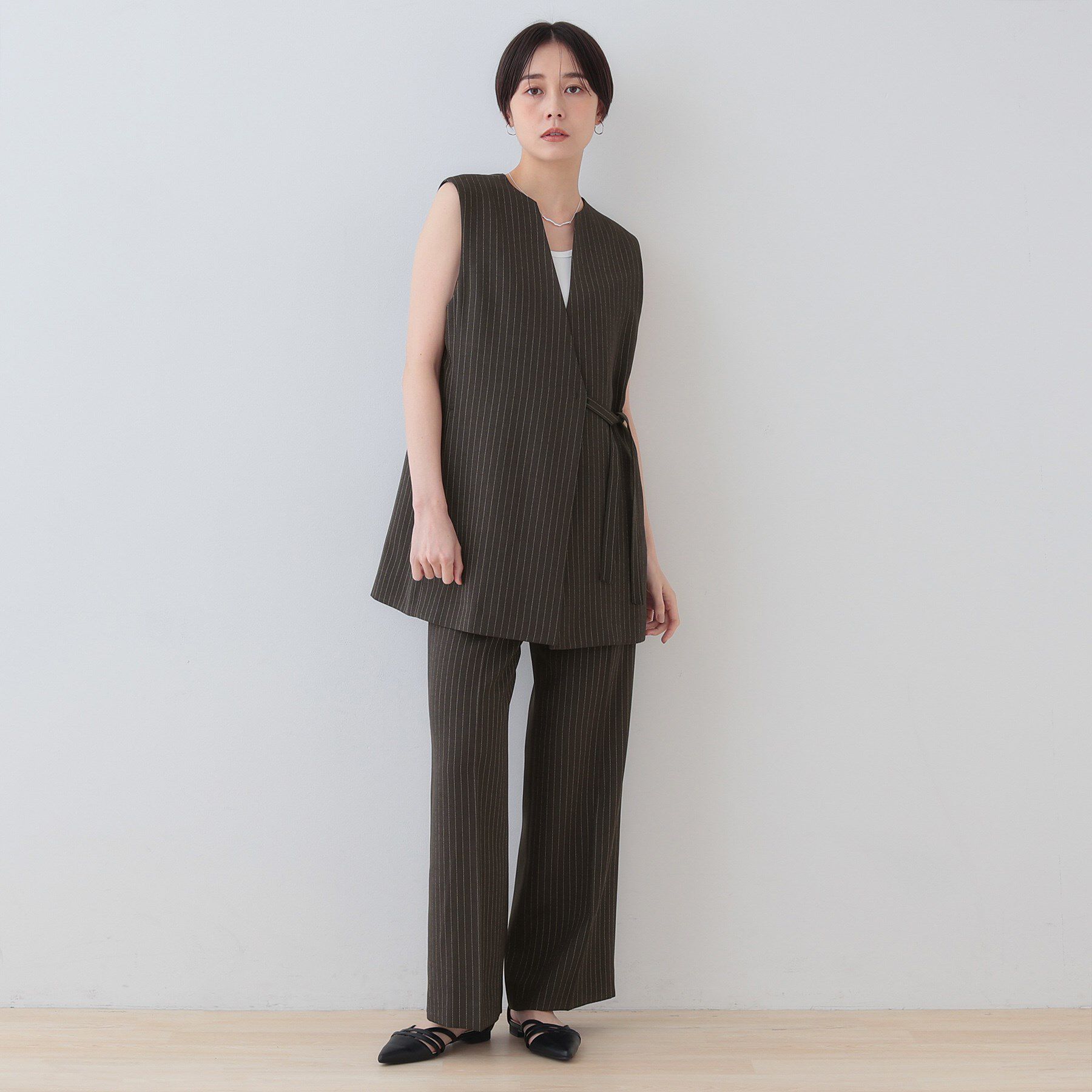 INDIVI「【こなれSETUP／ストライプ柄】リネンライクジレジャケット」|ベスト・ジレ|