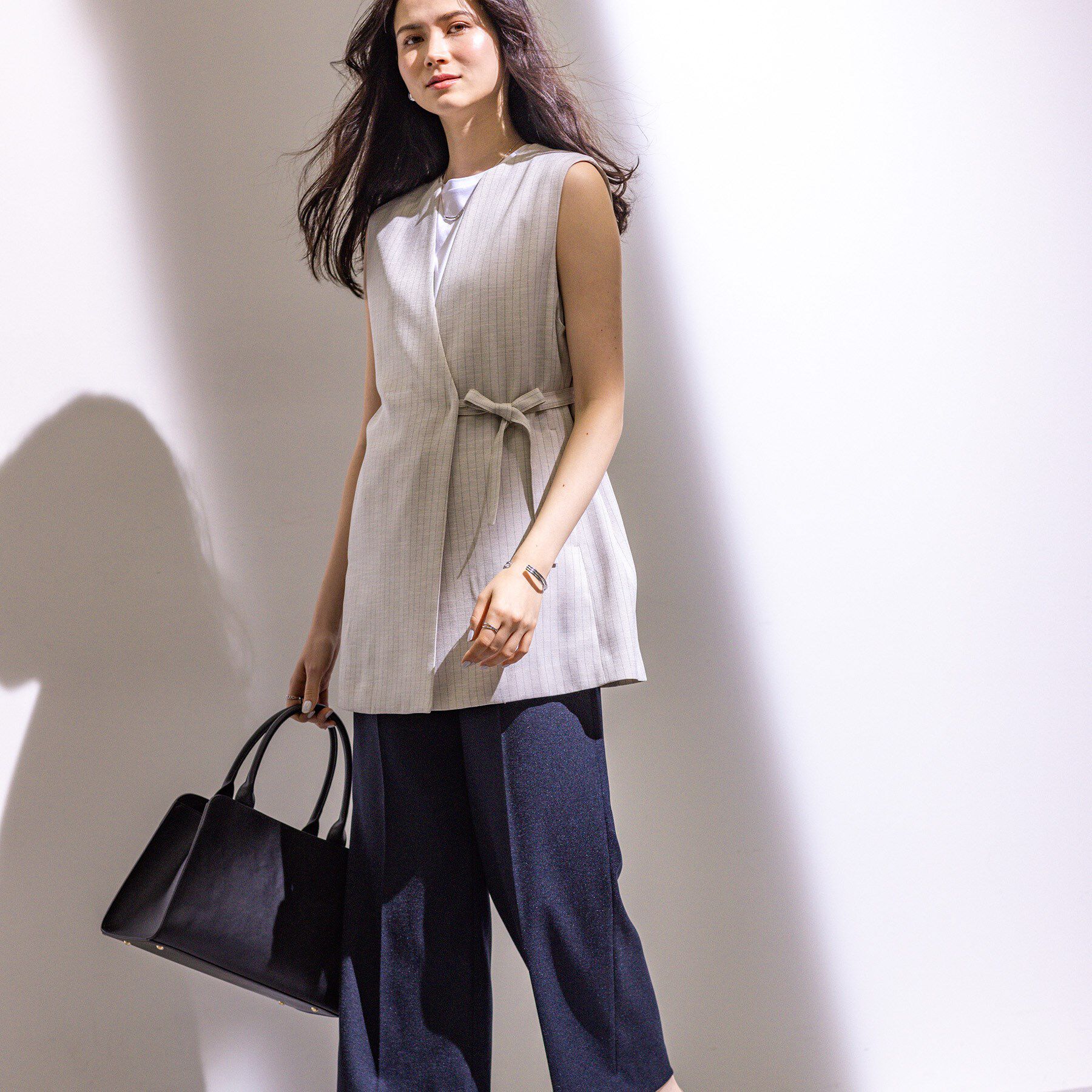 INDIVI「【こなれSETUP／ストライプ柄】リネンライクジレジャケット」|ベスト・ジレ|