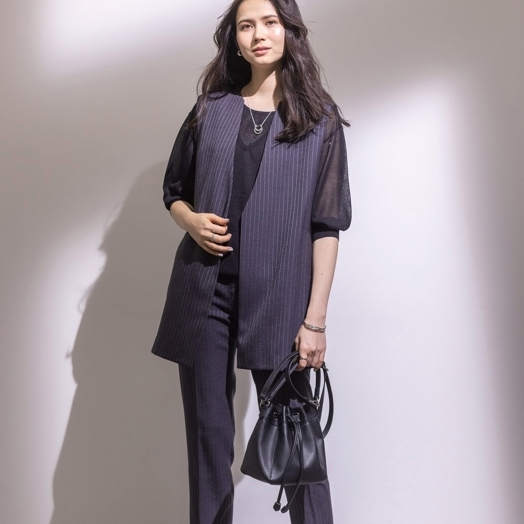 INDIVI「【こなれSETUP／ストライプ柄】リネンライクジレジャケット」|ベスト・ジレ|