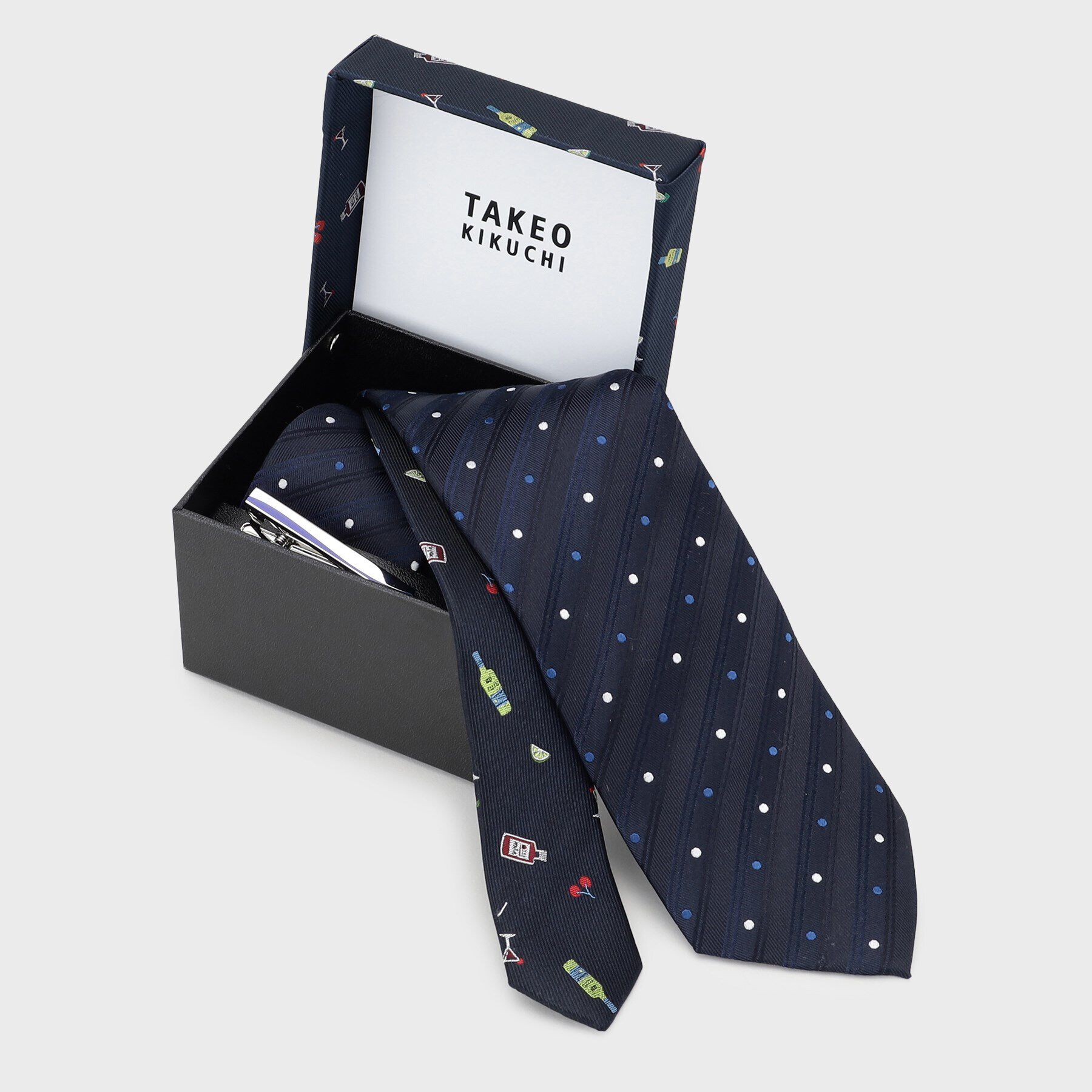 TAKEO KIKUCHI「【お酒柄】ブルーネクタイ＆タイバー BOXセット」|ネクタイ・蝶ネクタイ|