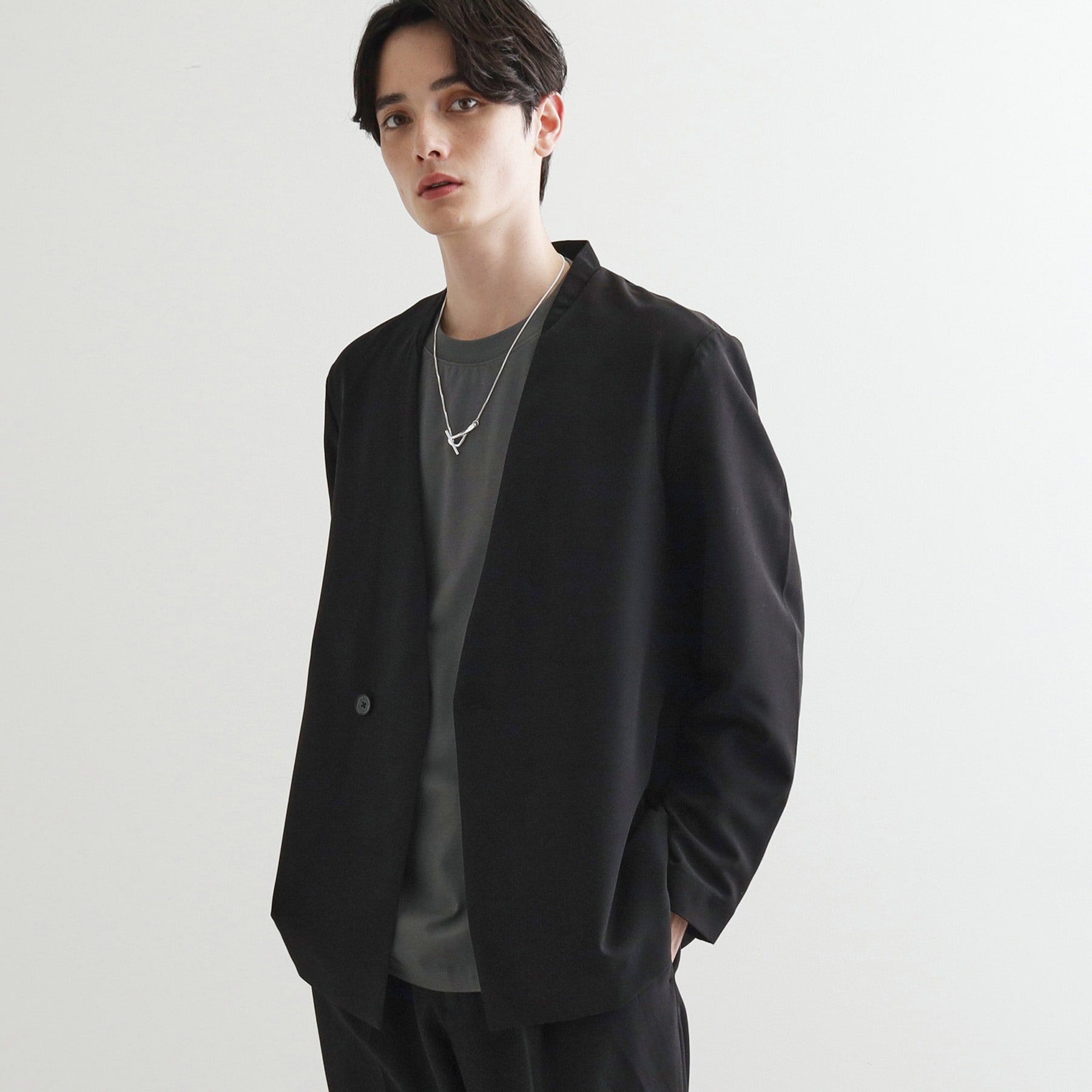 tk.TAKEO KIKUCHI「360度ストレッチノーカラージャケット（セットアップ対応）」|ノーカラージャケット|ブラック(019)