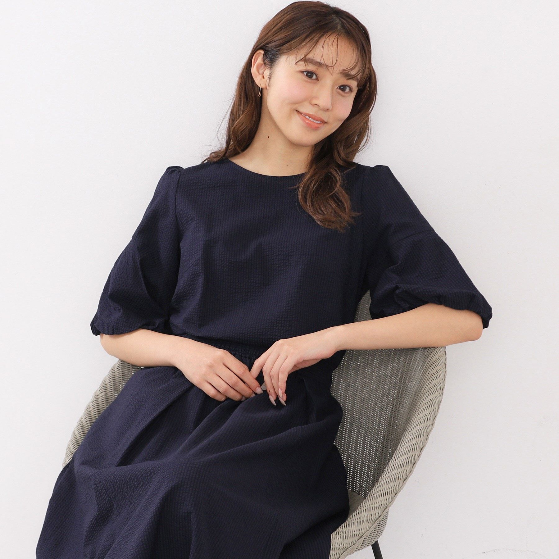 index「サッカーストライプバルーンスリーブブラウス【洗濯機洗い可】」|シャツ・ブラウス|ネイビー(094)