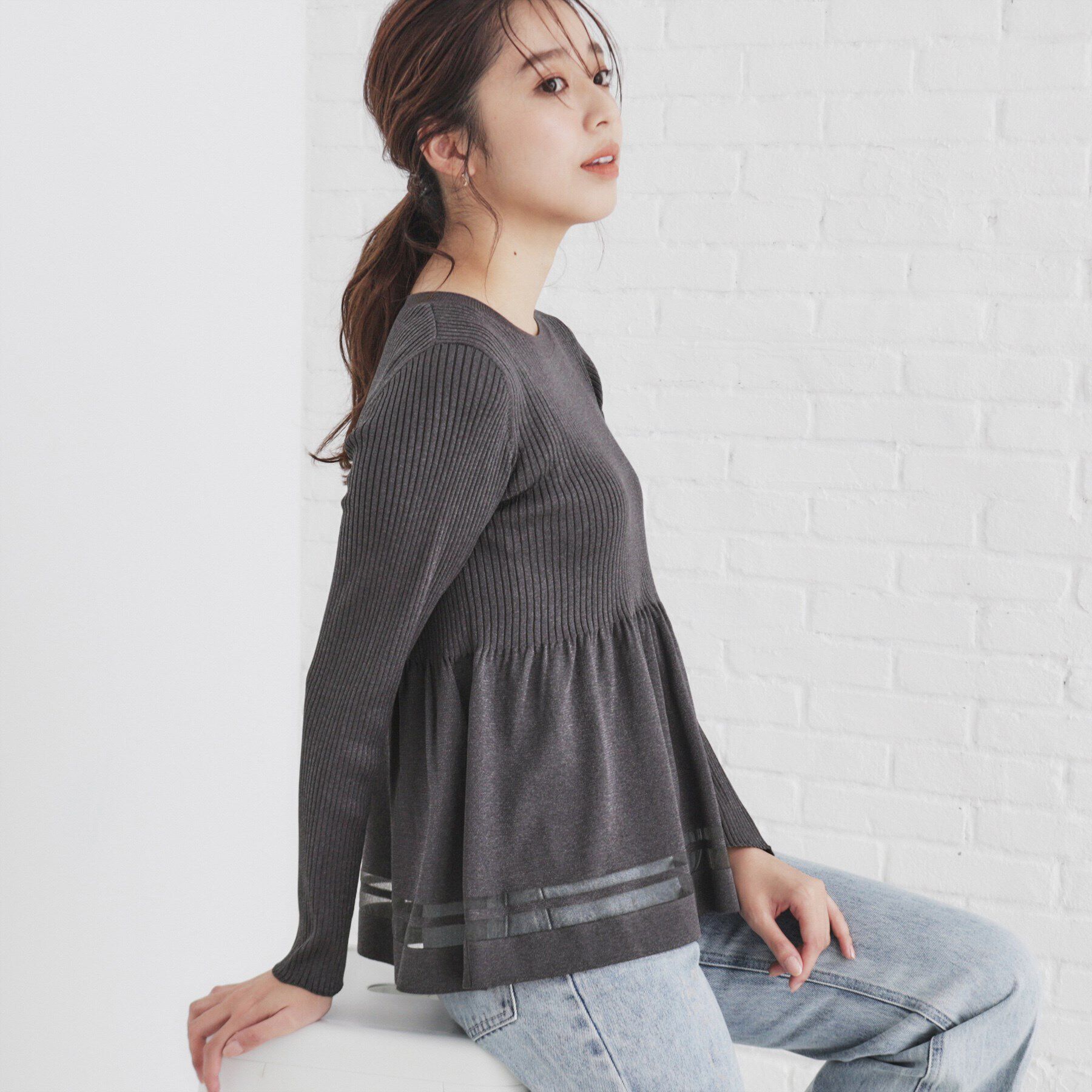 index「シアーラインラメペプラムニット【洗濯機洗い可/抗ピル】」|ニット・セーター|チャコールグレー(6