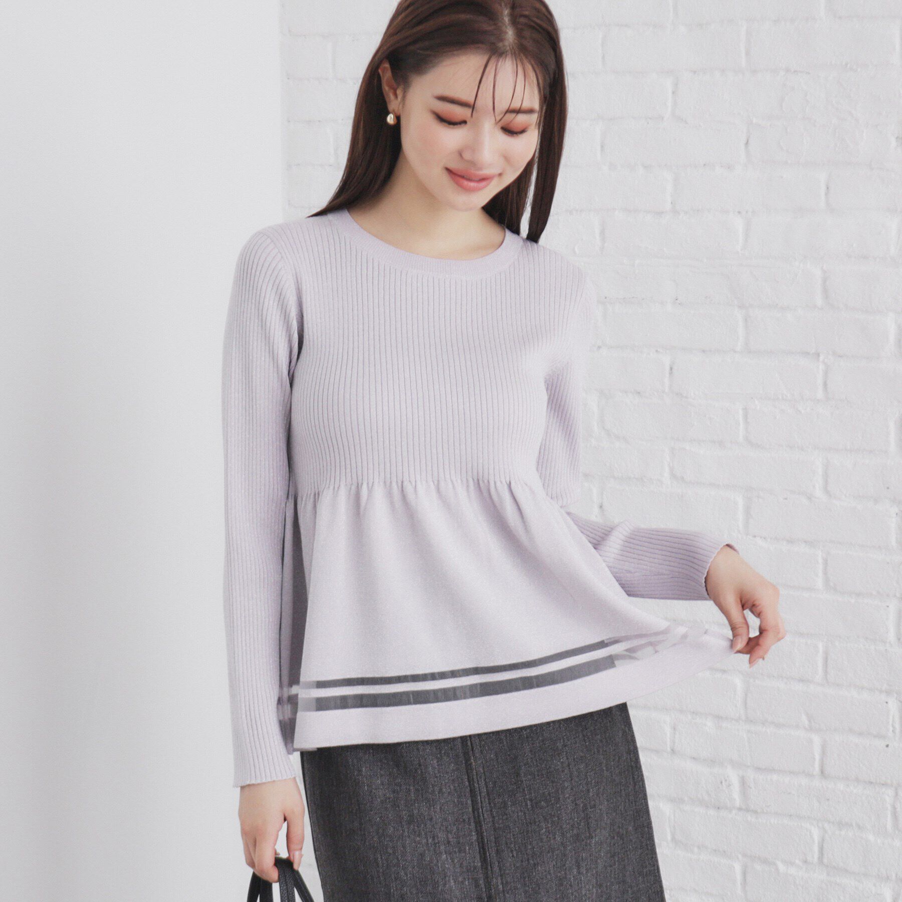 index「シアーラインラメペプラムニット【洗濯機洗い可/抗ピル】」|ニット・セーター|ラベンダー(680)