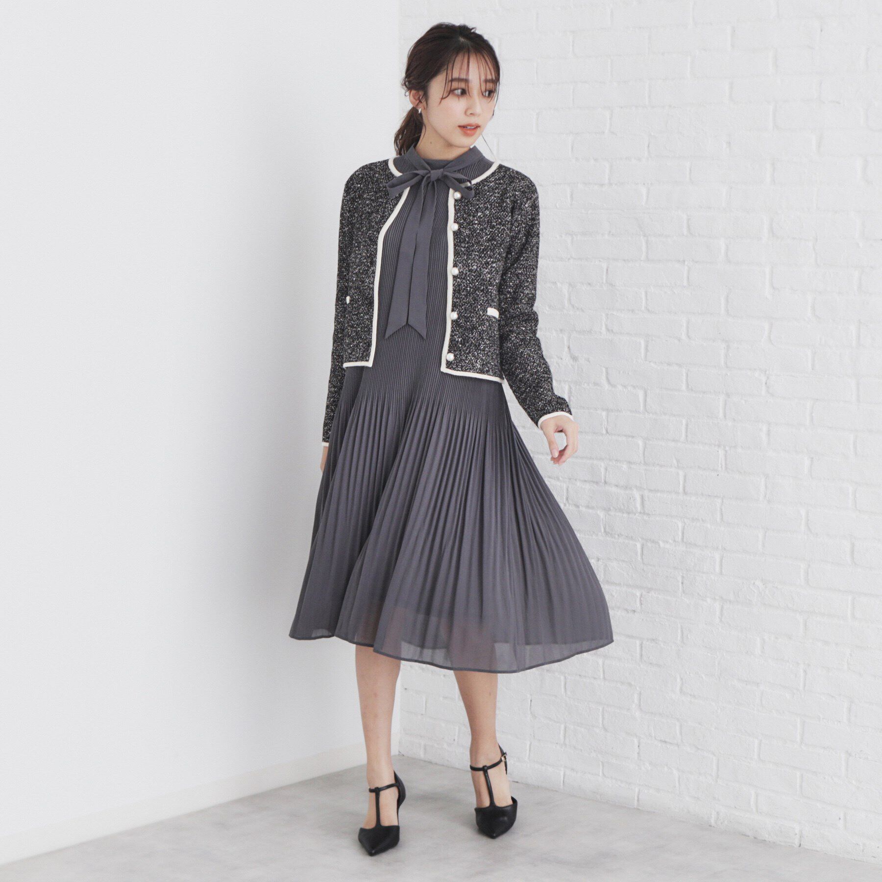 index「パール調ツイードライクノーカラーカーディガン/セットアップ対応【洗濯機洗い可】」|カーディガン|