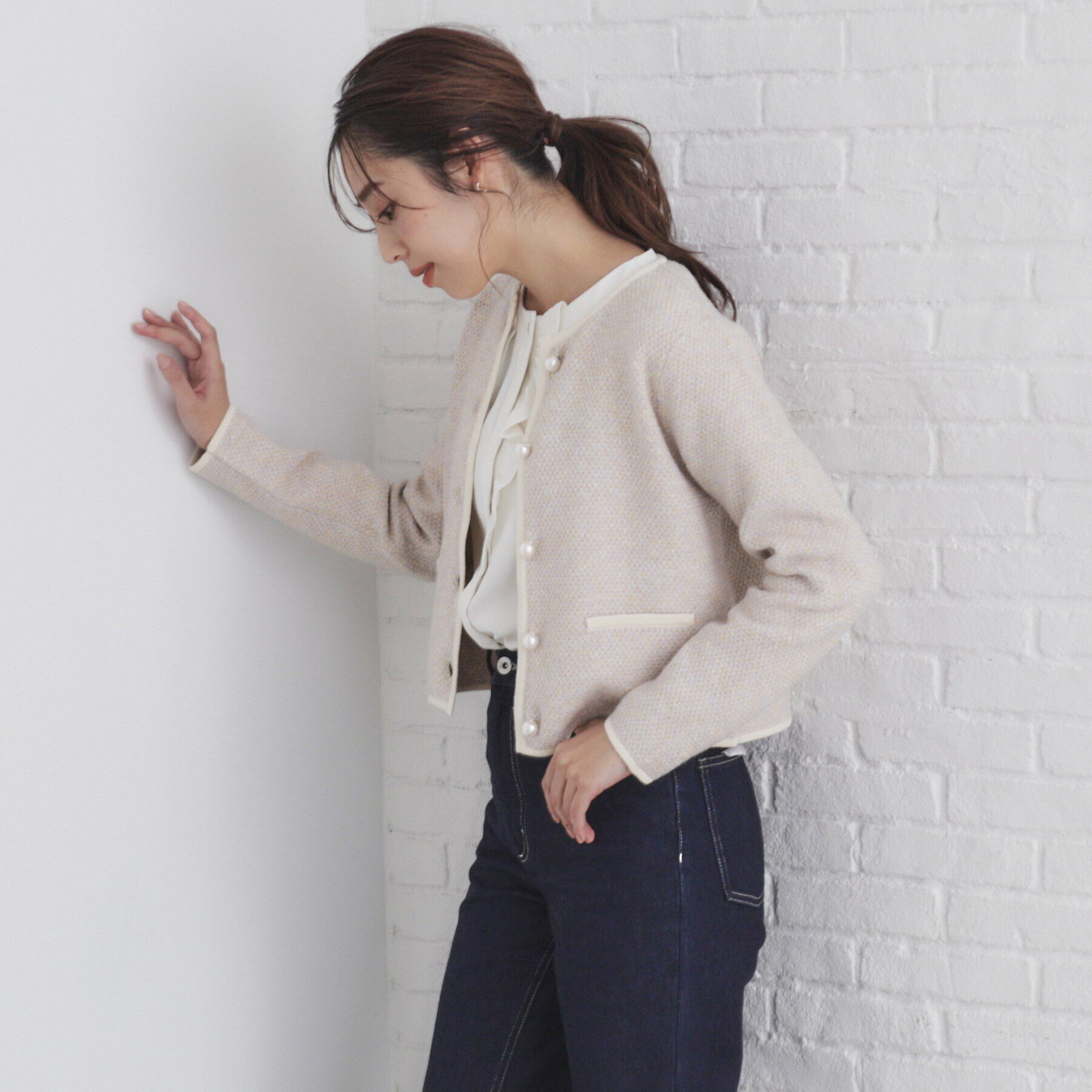 index「パール調ツイードライクノーカラーカーディガン/セットアップ対応【洗濯機洗い可】」|カーディガン|