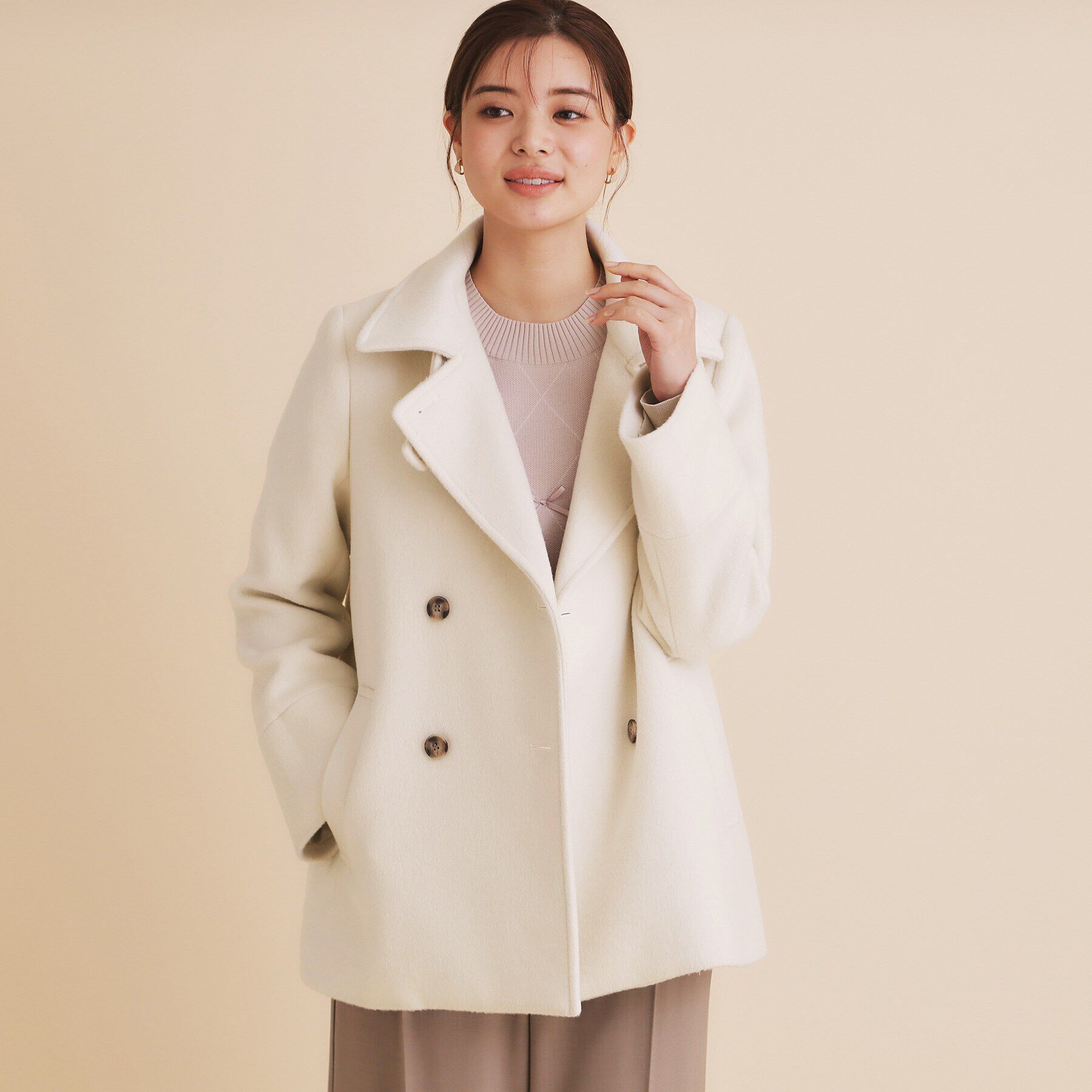 index「《5color/S-Lsize》ウール混 ステンカラーピーコート」|ピーコート|アイボリー(004)