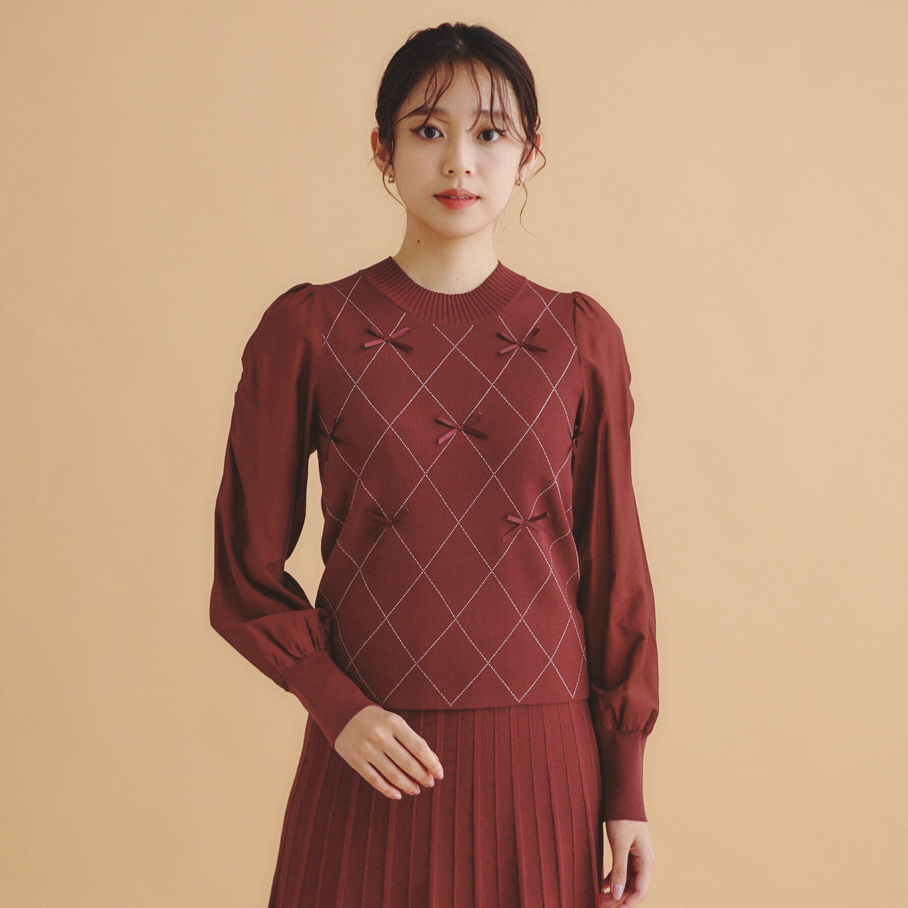 index「ダイヤリボンシアーパフスリーブニット/ニットアップ対応【洗濯機洗い可/抗ピル】」|ニット・セーター|