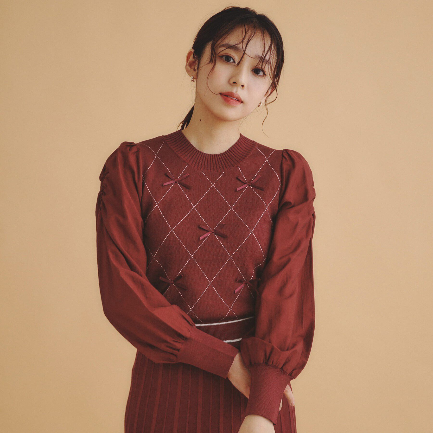 index「ダイヤリボンシアーパフスリーブニット/ニットアップ対応【洗濯機洗い可/抗ピル】」|ニット・セーター|ブラウン(143)