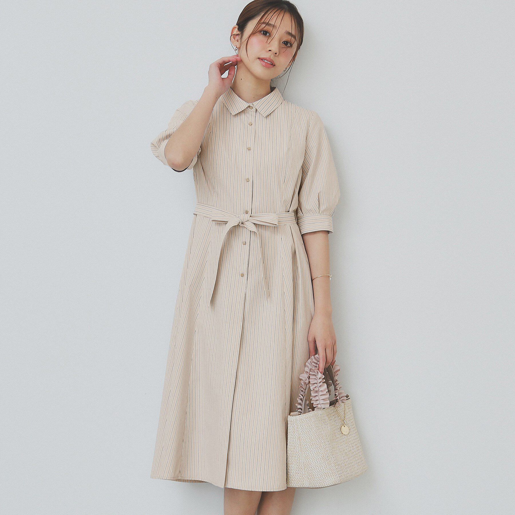 index「ストライプシャツワンピース【洗濯機洗い可/イージーアイロン】」|ワンピース|ベージュ(352)