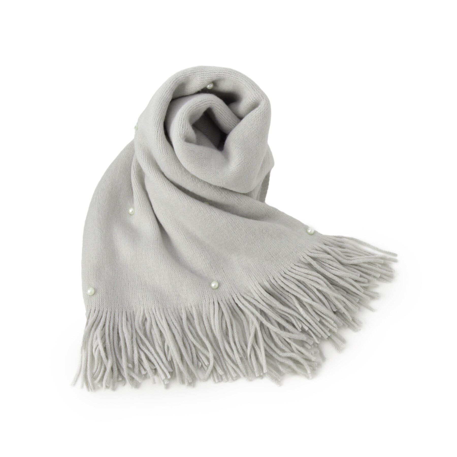 OPAQUE.CLIP「パール調ビーズ付フリンジマフラー」|ストール|グレー(012)