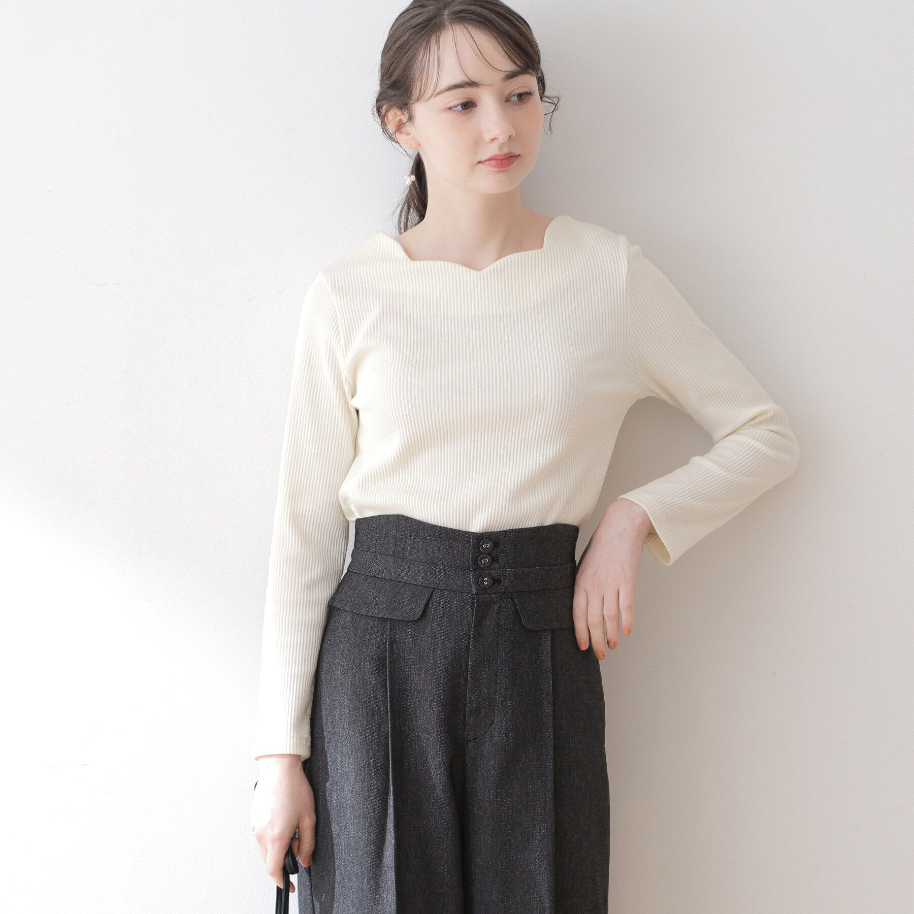 Couture broach「【顔まわりスッキリ・マシンウォッシャブル】ハートネックテレコトップス」|Tシャツ・カットソー|