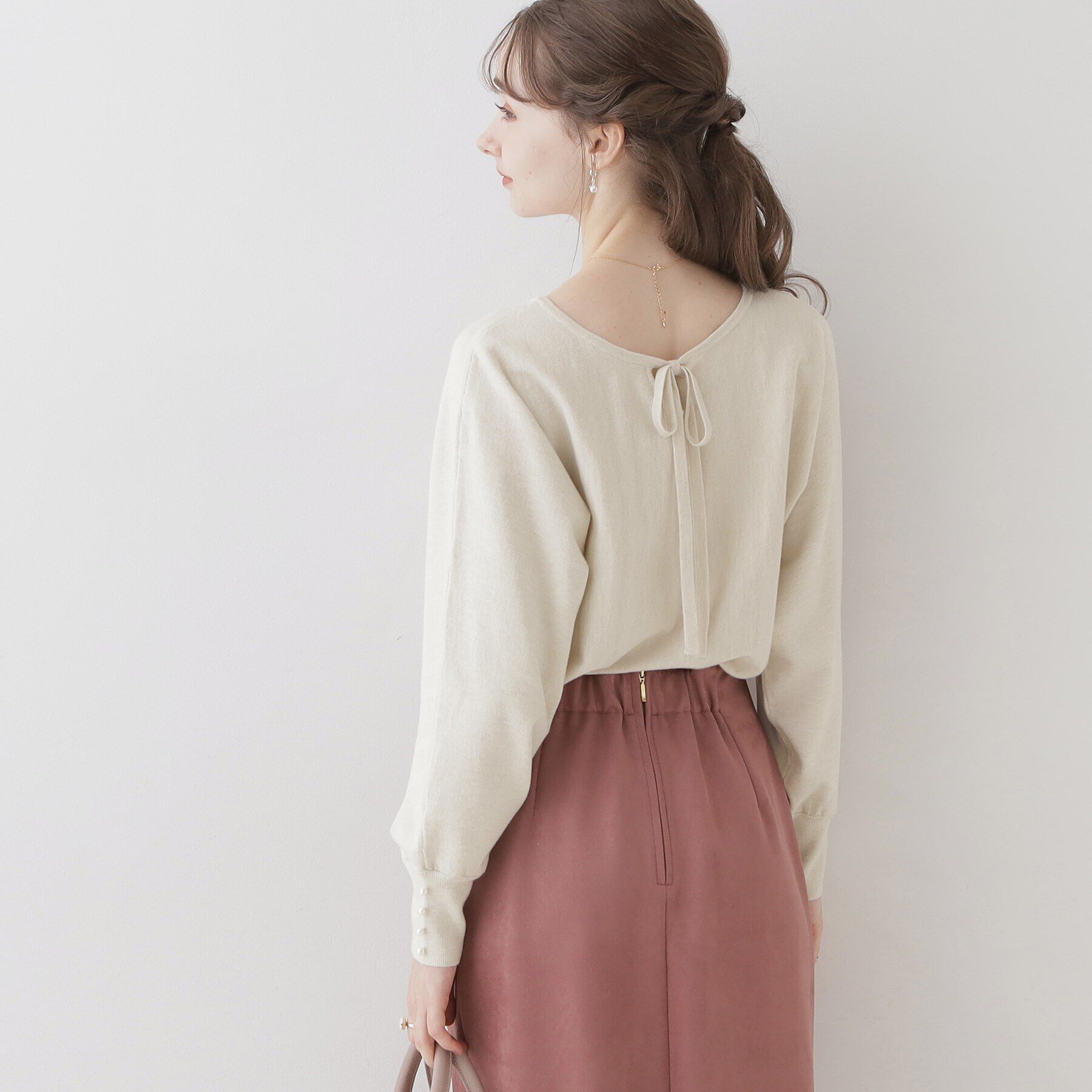 Couture broach「【美シルエットニット】リボン2WAYフェイクパール袖ドルマンニット」|ニット・セーター|