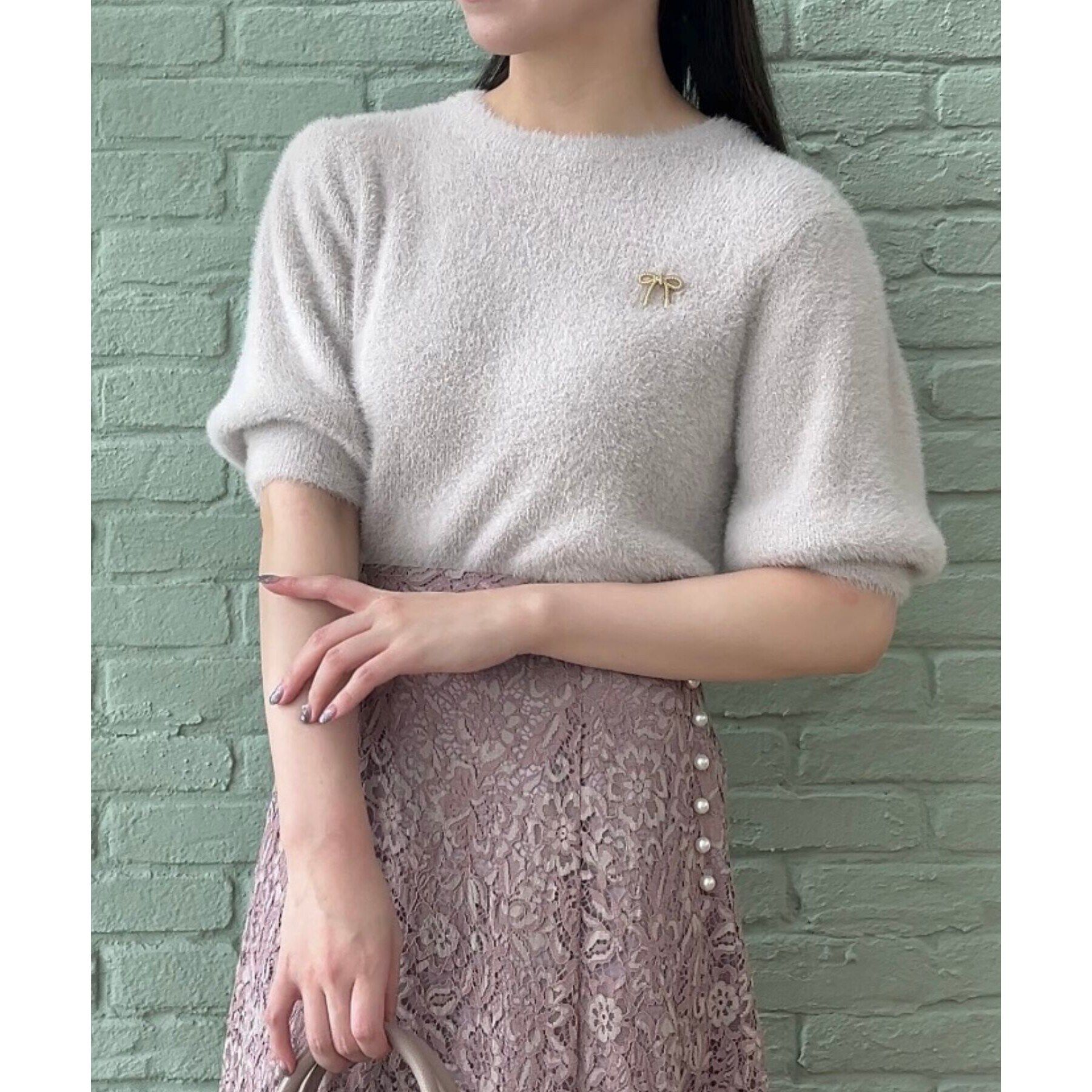 Couture broach「リボン付きラメフェザー5分袖ニット」|ニット・セーター|