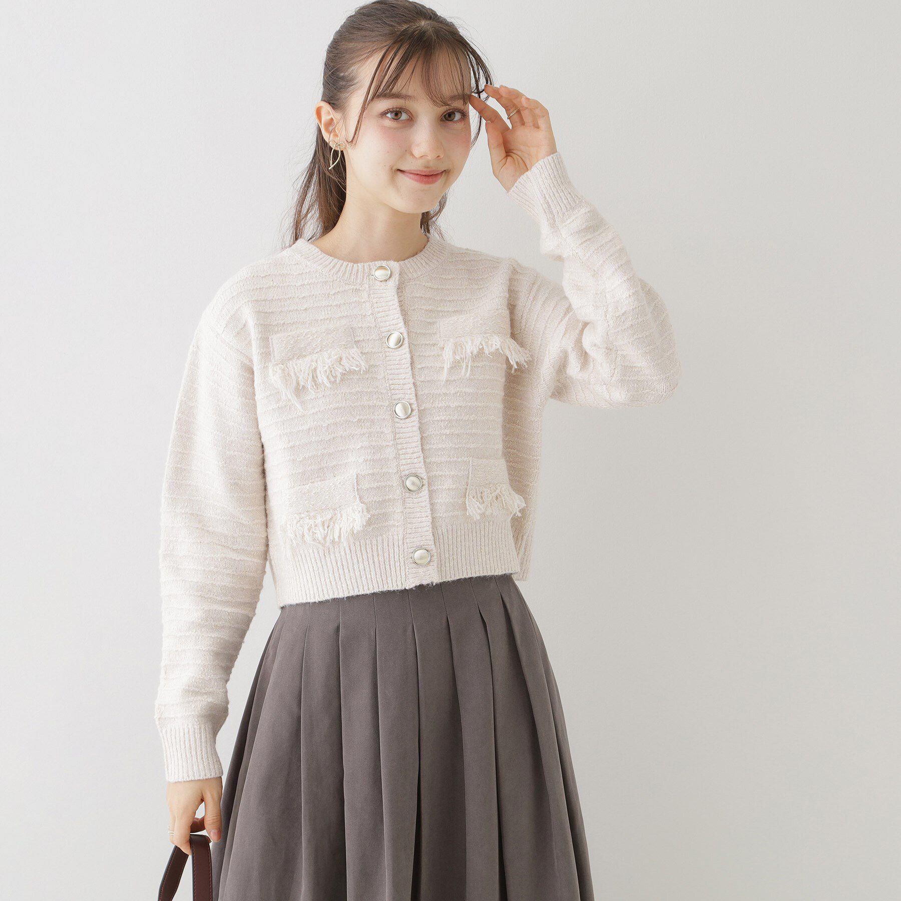 Couture broach「【上品な着こなしが叶う】ツイード風ニットジャケットカーディガン」|カーディガン|