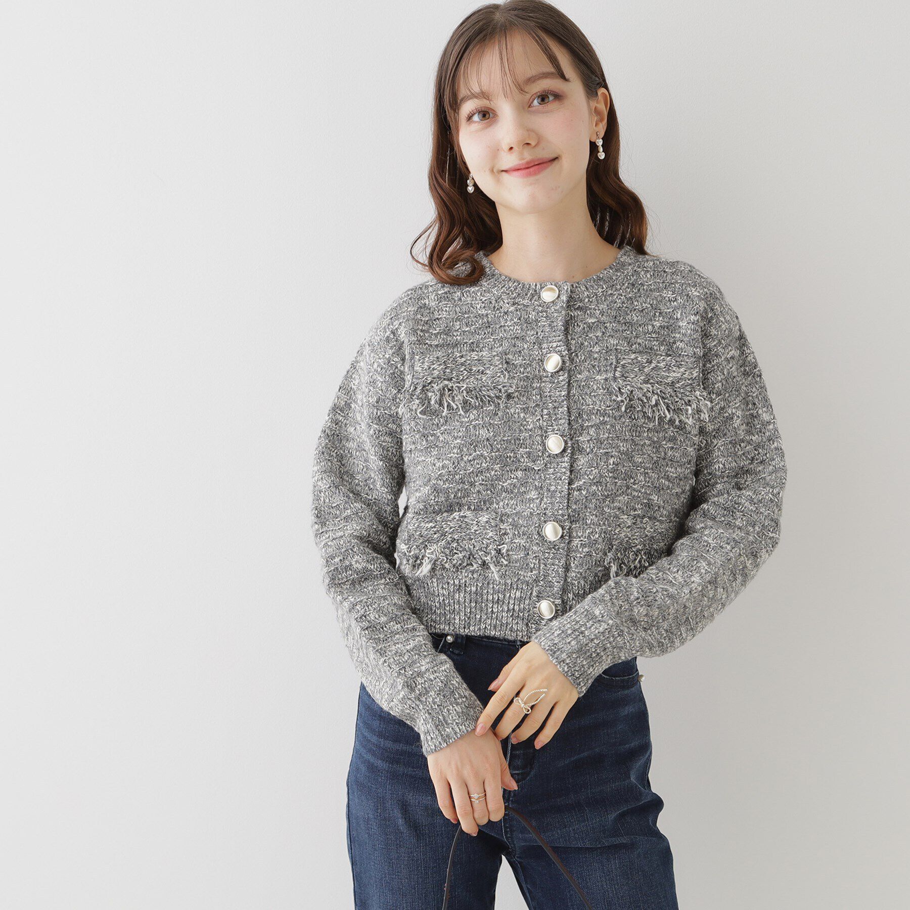 Couture broach「【上品な着こなしが叶う】ツイード風ニットジャケットカーディガン」|カーディガン|ﾁｬｺｰﾙｸﾞﾚｰ(014)