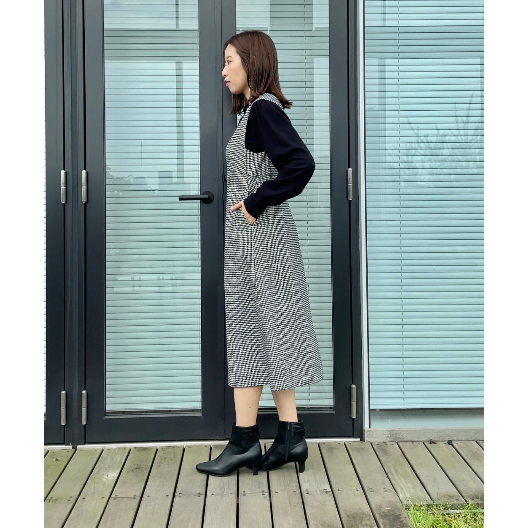 Couture broach「【上品・こなれ感・千鳥ツイード柄】ラメ千鳥釦デザインジャンスカ」|ワンピース|