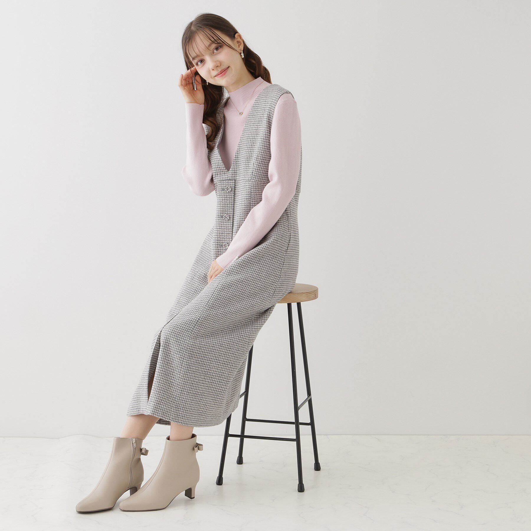 Couture broach「【上品・こなれ感・千鳥ツイード柄】ラメ千鳥釦デザインジャンスカ」|ワンピース|