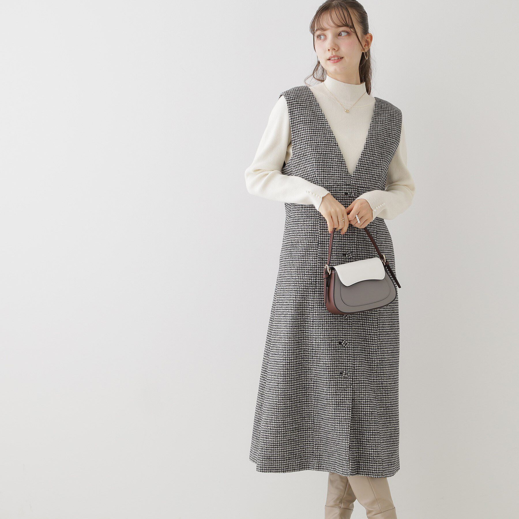 Couture broach「【上品・こなれ感・千鳥ツイード柄】ラメ千鳥釦デザインジャンスカ」|ワンピース|