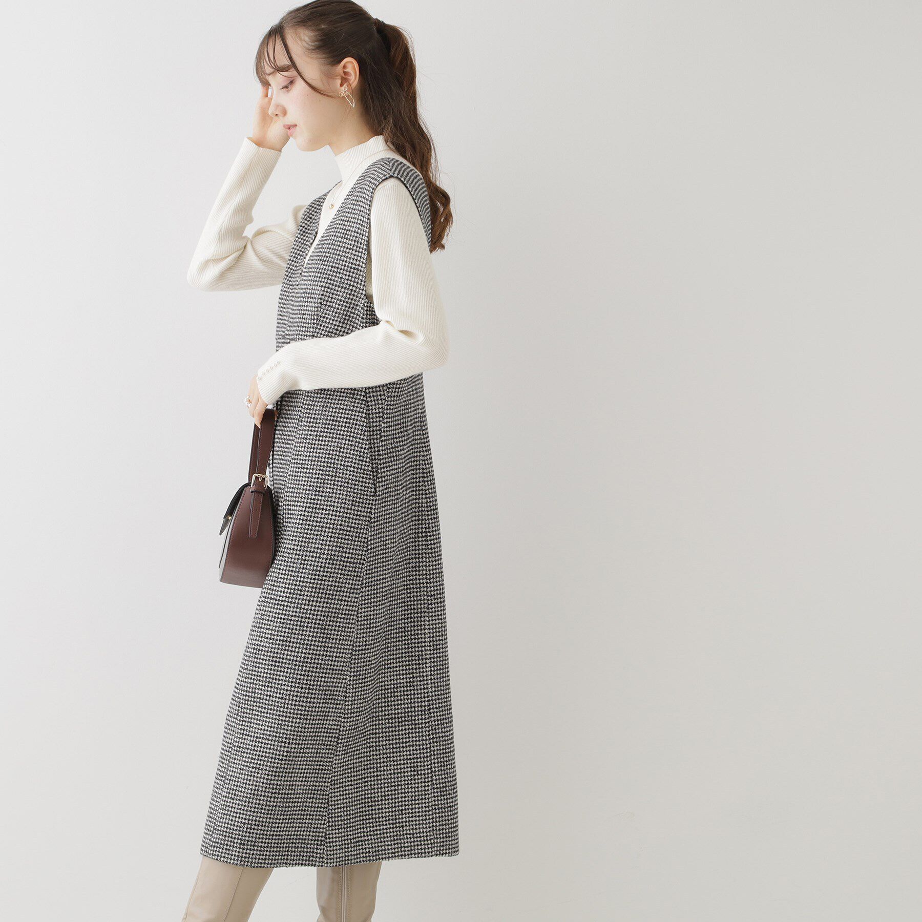 Couture broach「【上品・こなれ感・千鳥ツイード柄】ラメ千鳥釦デザインジャンスカ」|ワンピース|
