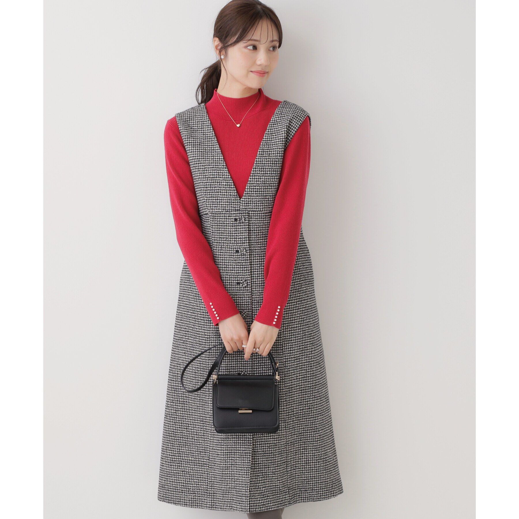 Couture broach「【上品・こなれ感・千鳥ツイード柄】ラメ千鳥釦デザインジャンスカ」|ワンピース|