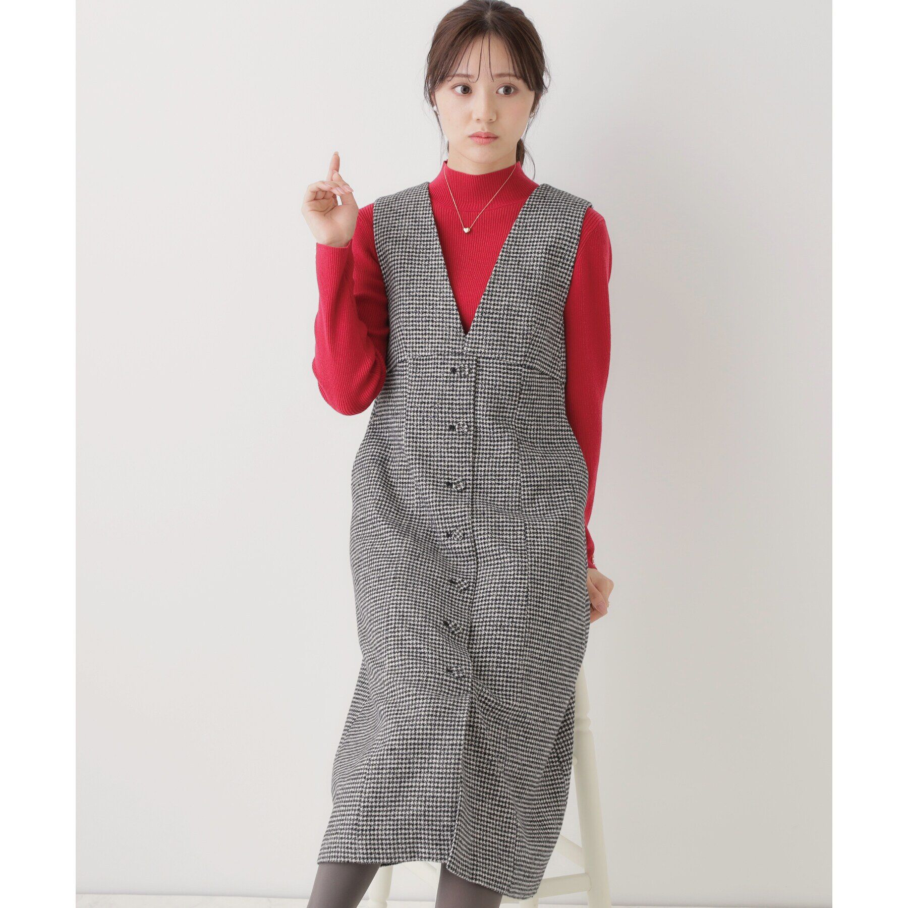 Couture broach「【上品・こなれ感・千鳥ツイード柄】ラメ千鳥釦デザインジャンスカ」|ワンピース|