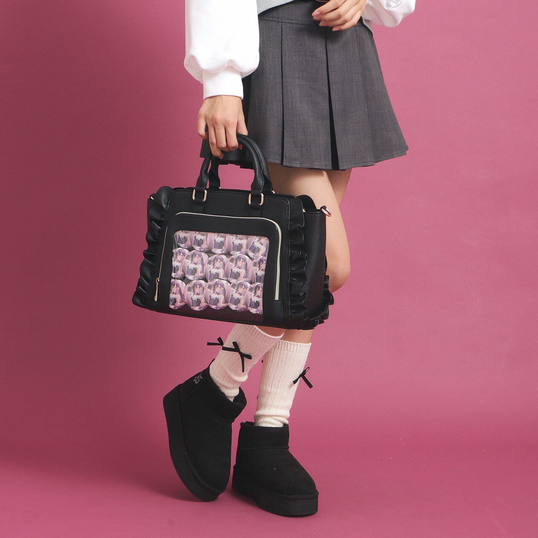 PINK-latte「【推し活】2WAYフリルバッグ」|トートバッグ|ﾌﾞﾗｯｸ(019)