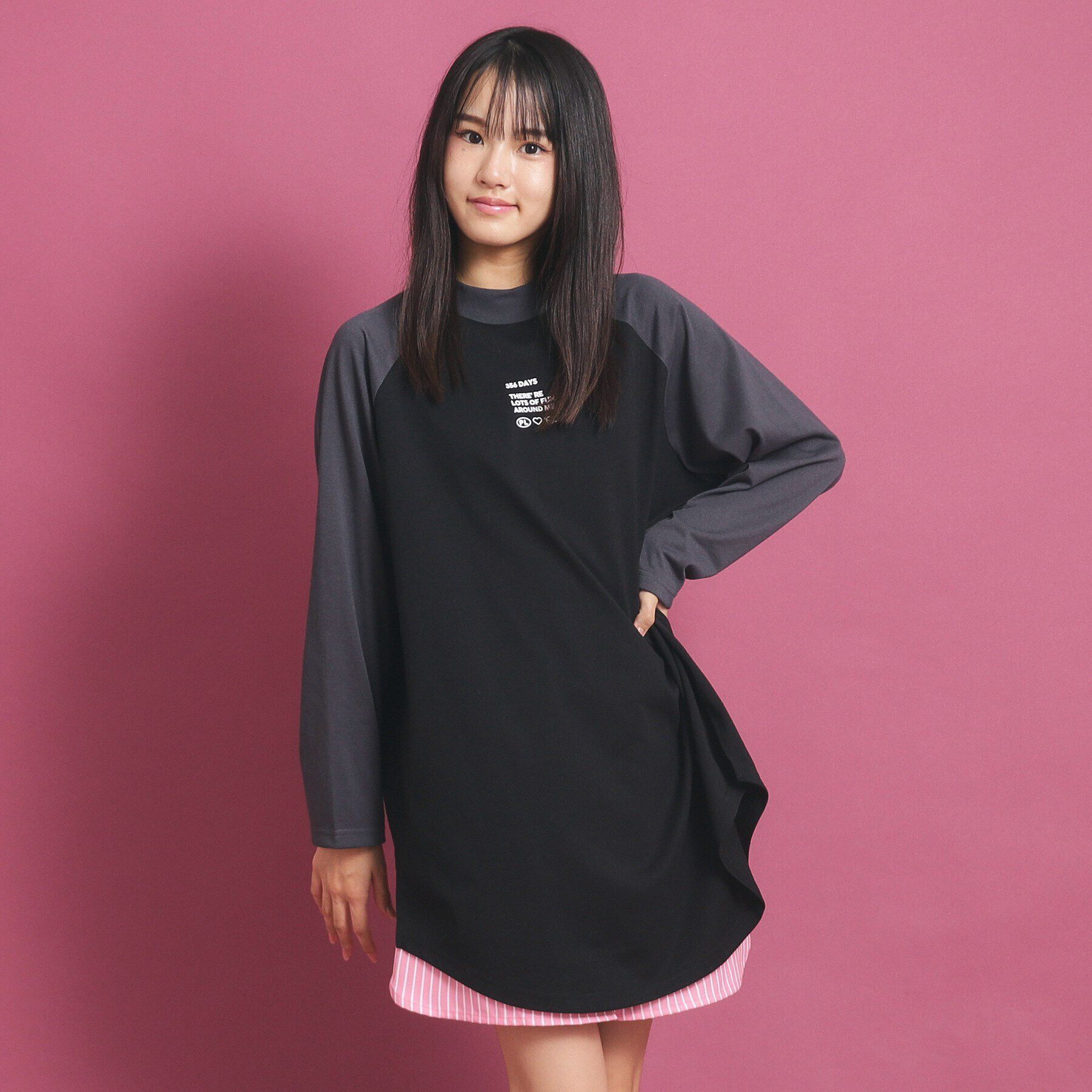 PINK-latte「ラグランスリーブクルーネックチュニックTシャツ」|ワンピース|ﾌﾞﾗｯｸ(019)