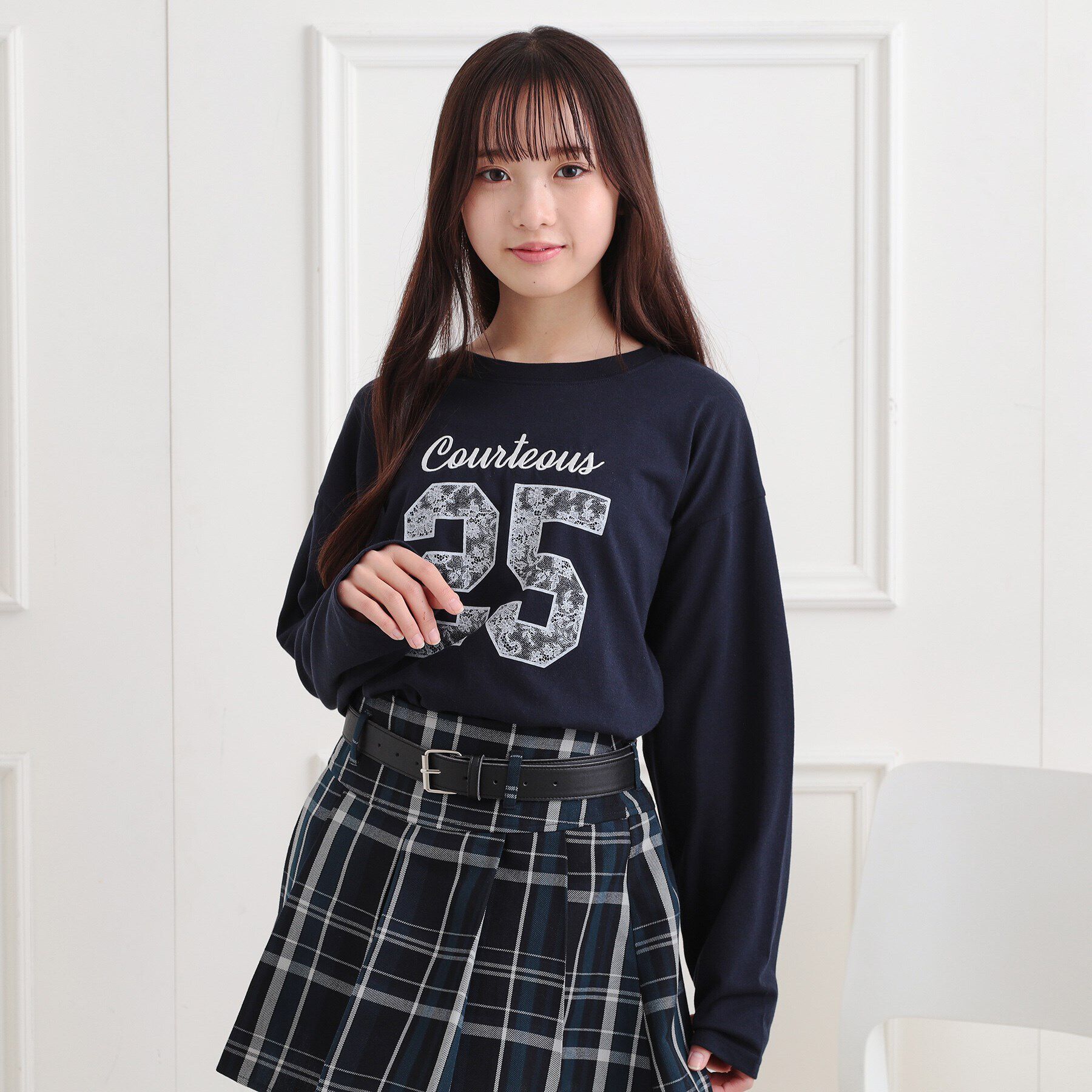 PINK-latte「レースプリントナンバリングロンT」|Tシャツ・カットソー|