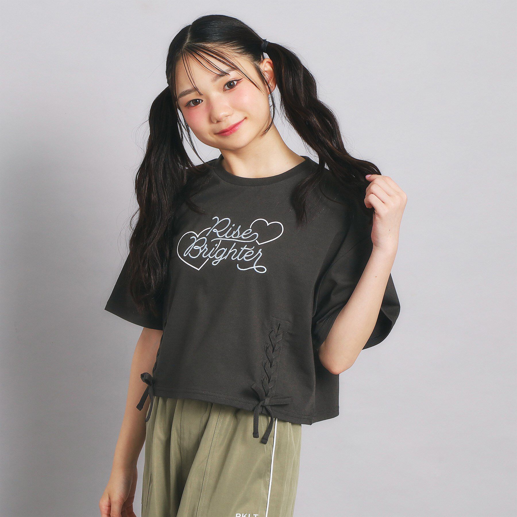 PINK-latte「レースアップTシャツ」|Tシャツ・カットソー|チャコールグレー(0