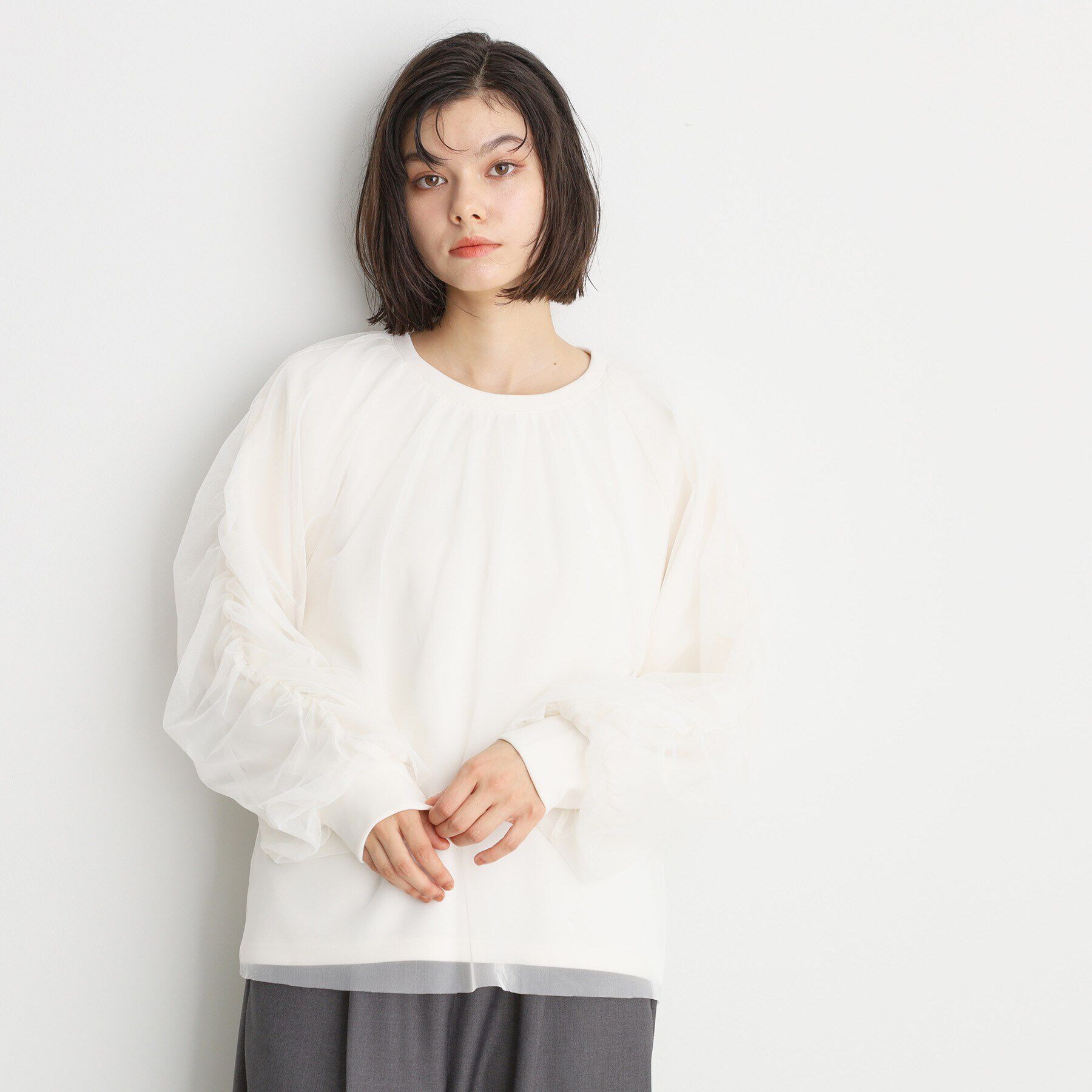 THE SHOP TK「チュールレイヤードプルオーバー【洗える】」|Tシャツ・カットソー|ｵﾌﾎﾜｲﾄ(003)