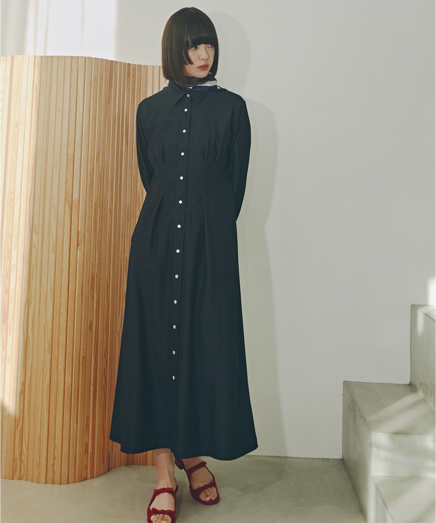  「デニムライクロングシャツワンピース」|ワンピース|