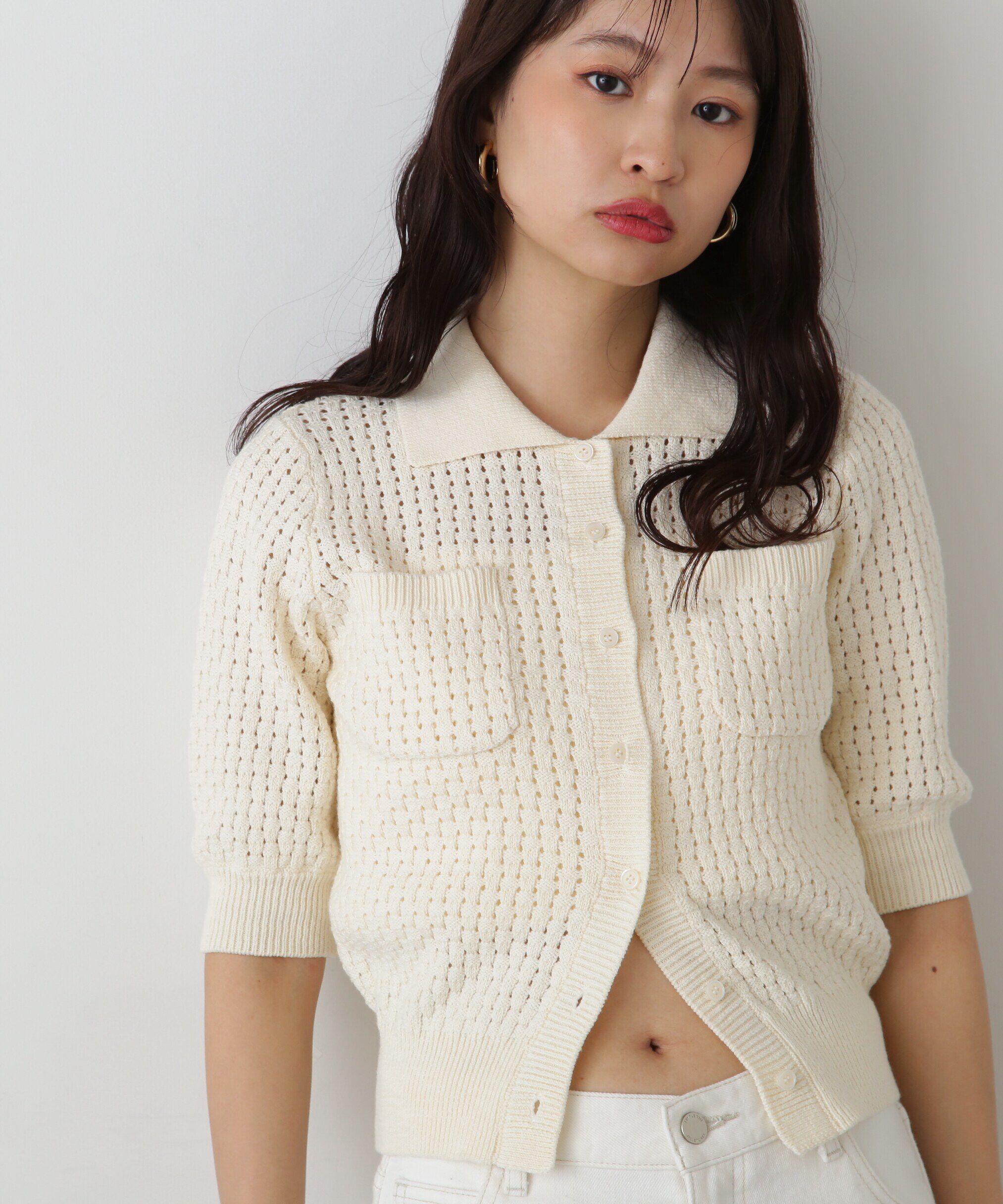  「バスケット編みポロカーディガン」|ニット・セーター|オフ1