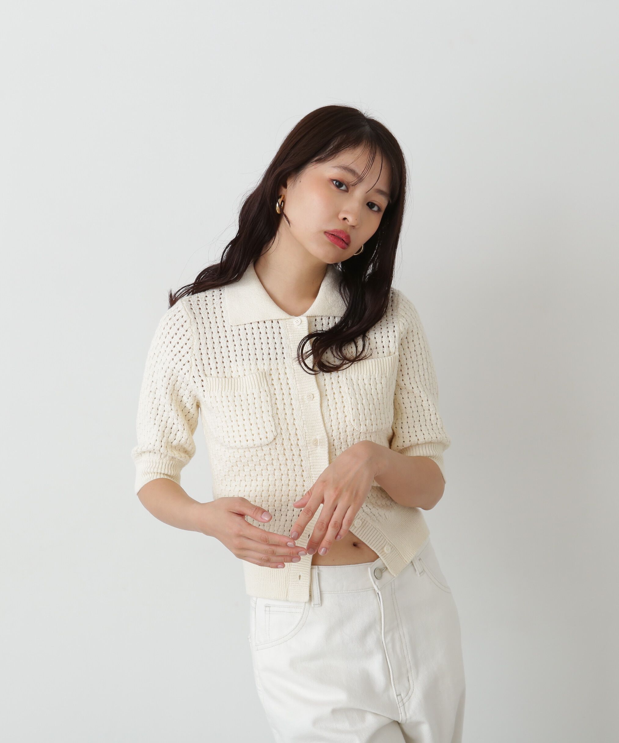  「バスケット編みポロカーディガン」|ニット・セーター|