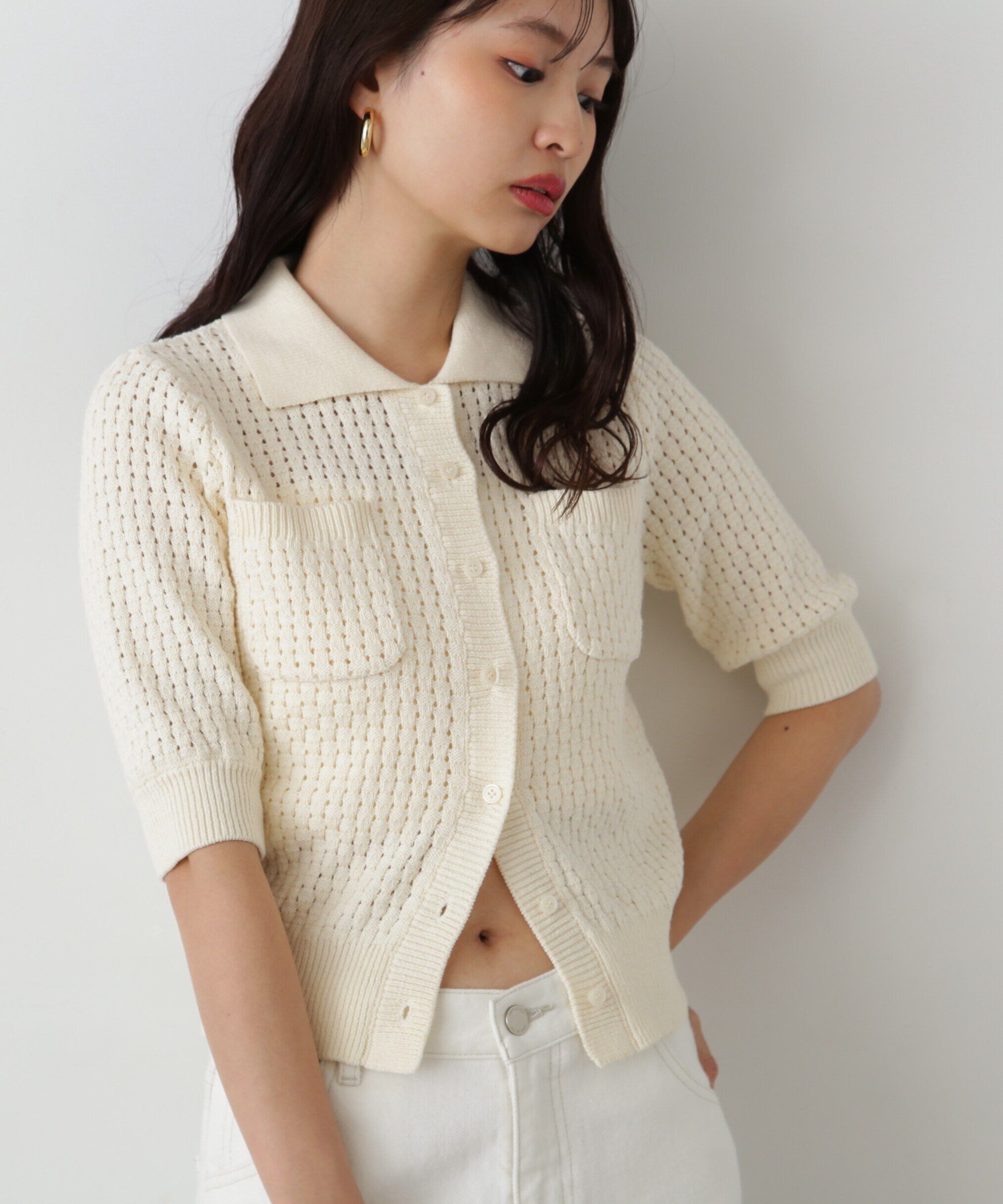  「バスケット編みポロカーディガン」|ニット・セーター|
