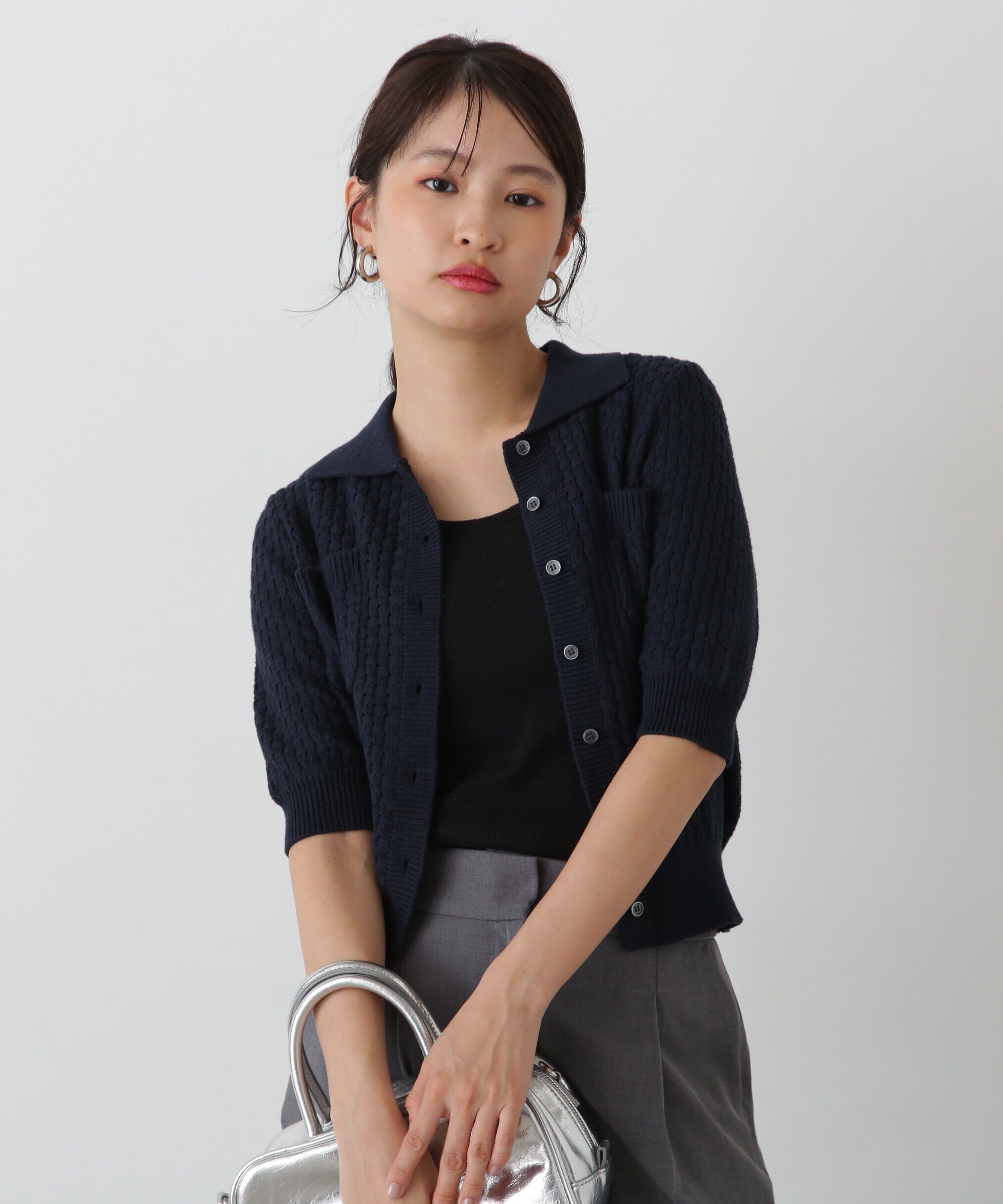  「バスケット編みポロカーディガン」|ニット・セーター|