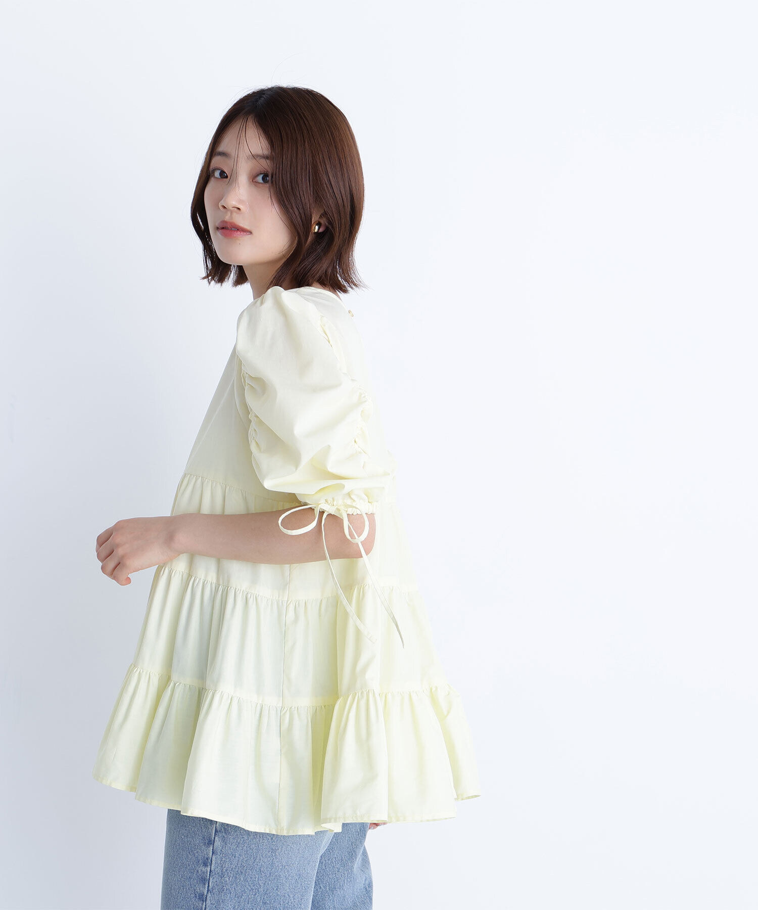  「ギャザースリーブティアードチュニックブラウス」|シャツ・ブラウス|イエロー