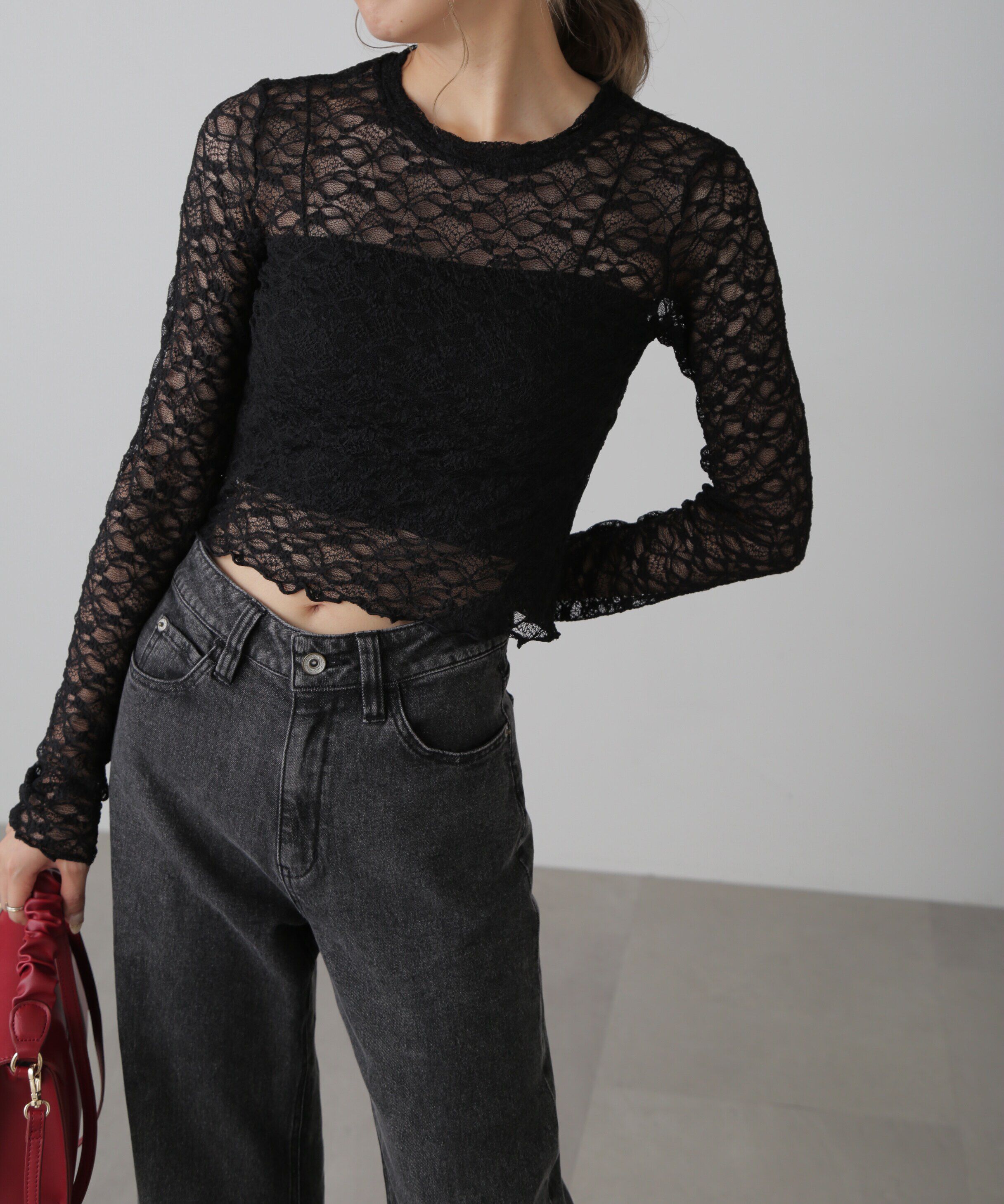  「ショート丈レーストップス」|Tシャツ・カットソー|ブラック