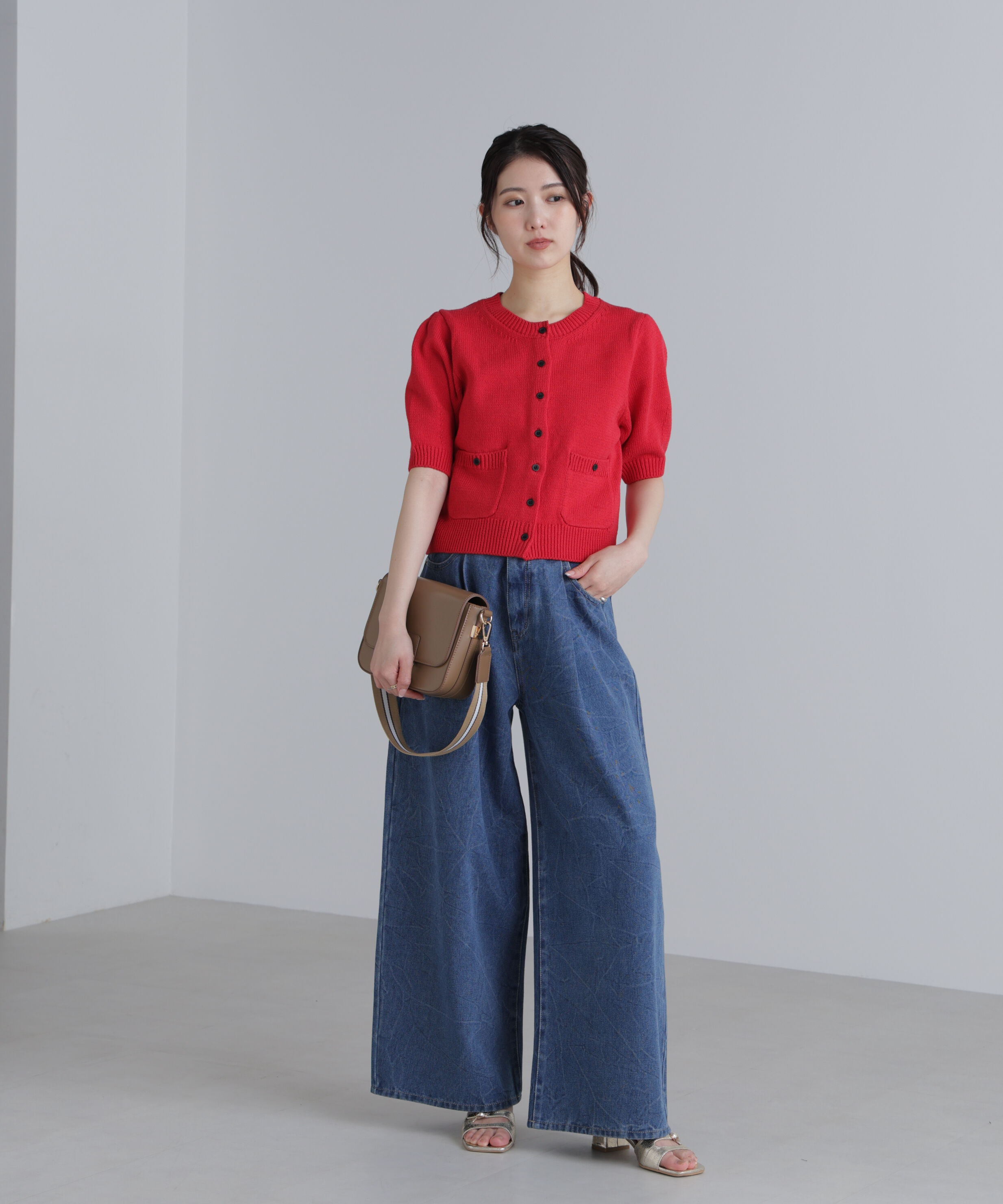  「フロントポケット半袖カーディガン」|ニット・セーター|