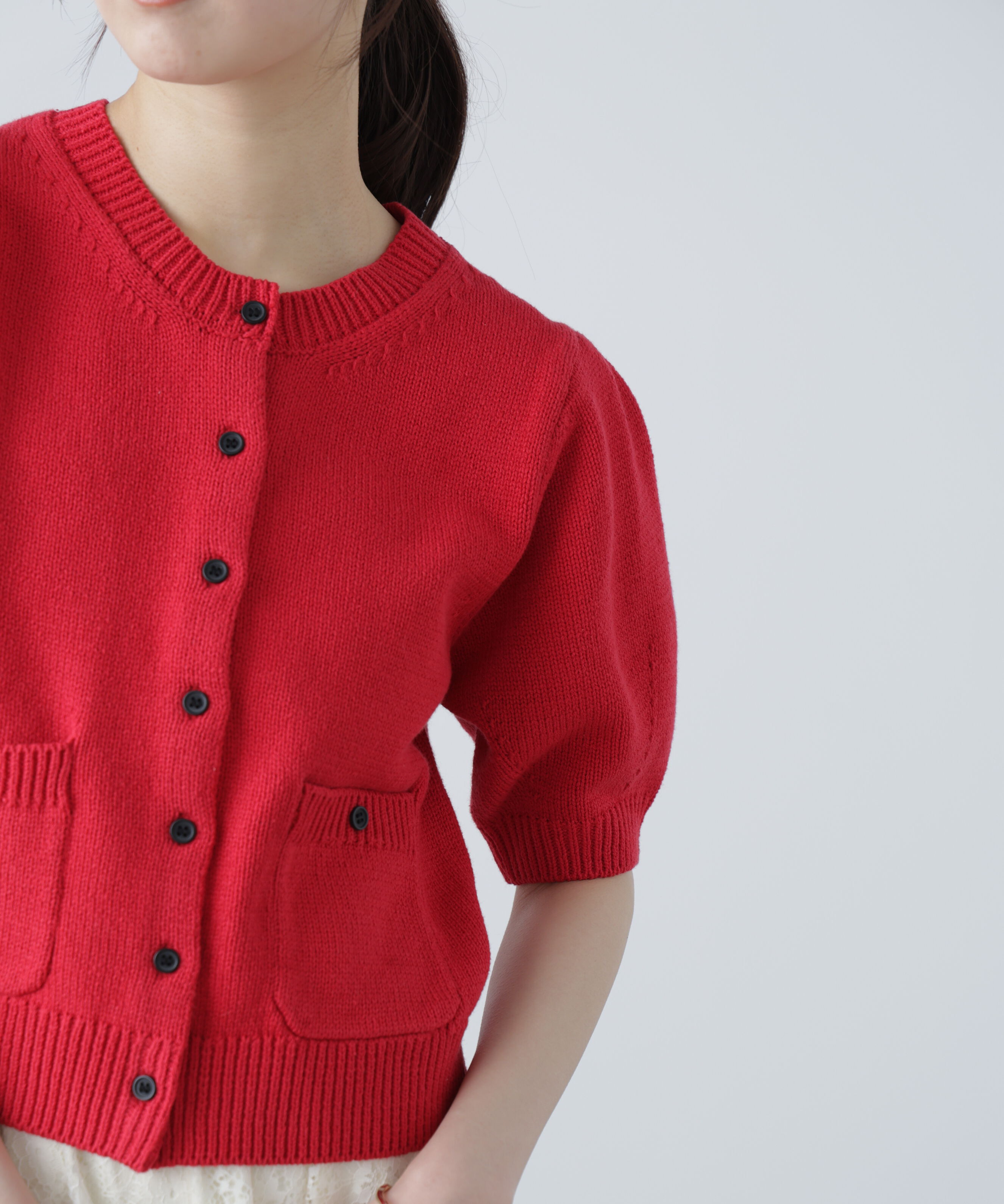  「フロントポケット半袖カーディガン」|ニット・セーター|