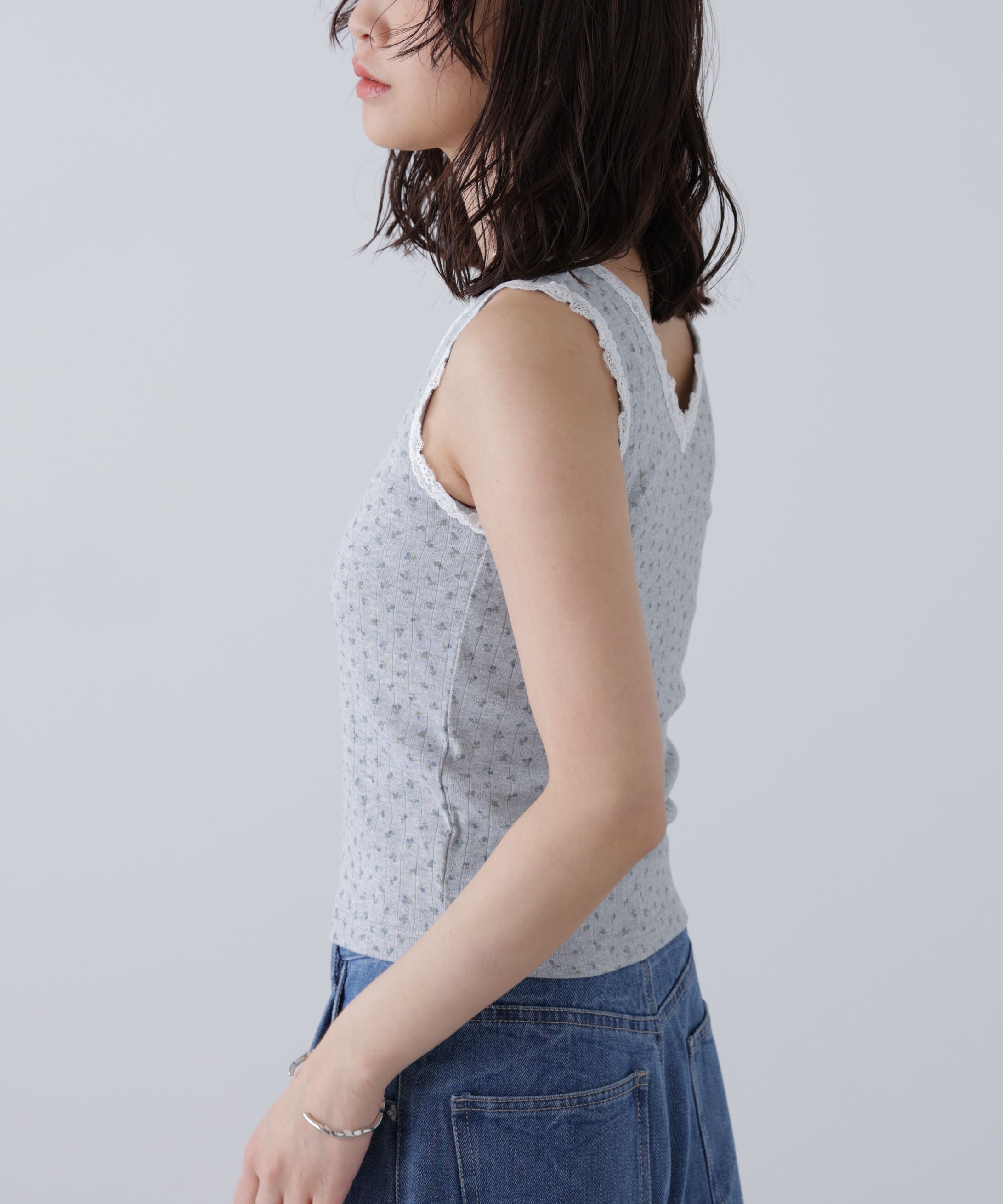  「花柄レーステレコタンクトップ」|Tシャツ・カットソー|